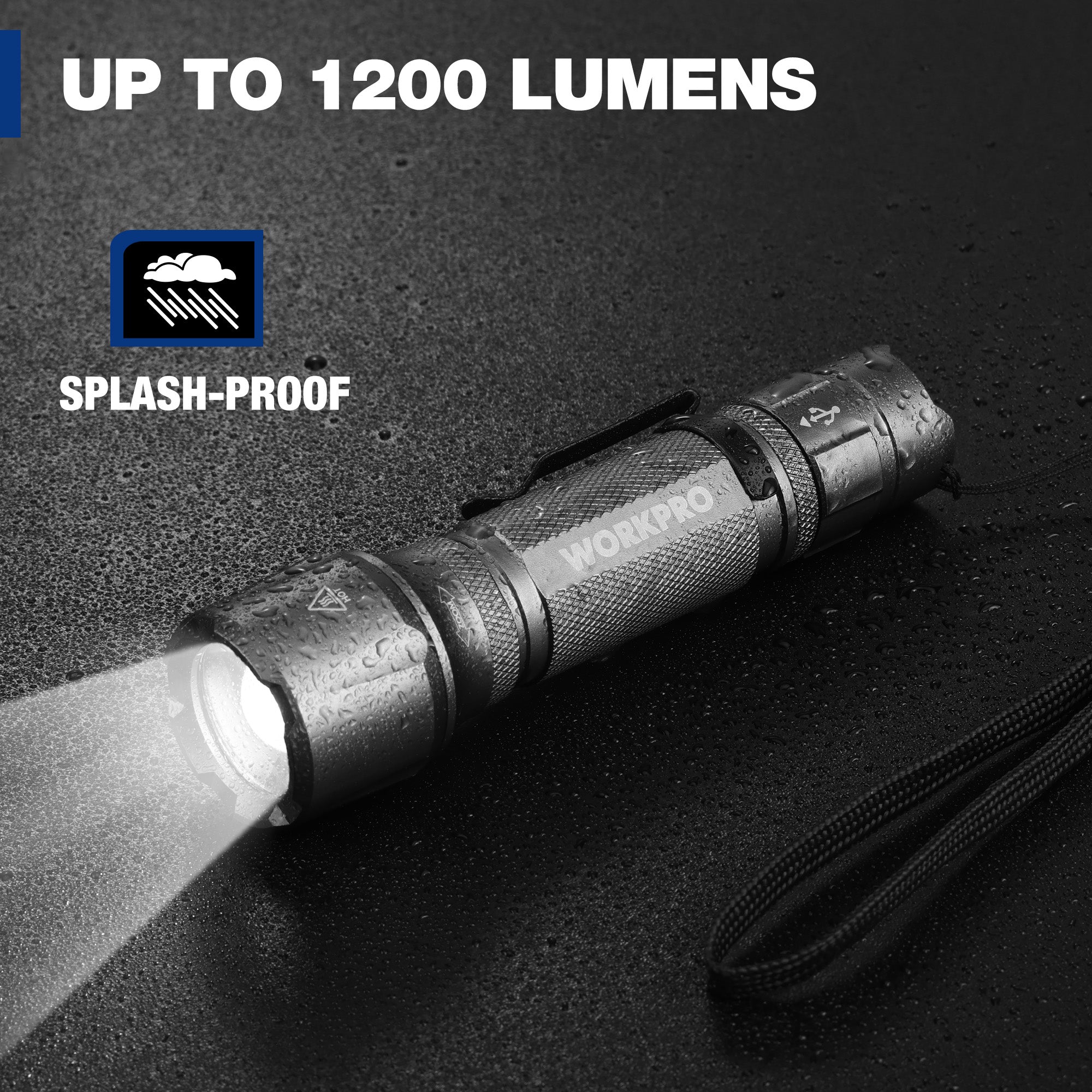 Gray tactical LED flashlight with lanyard and bright sealed beam under water droplets