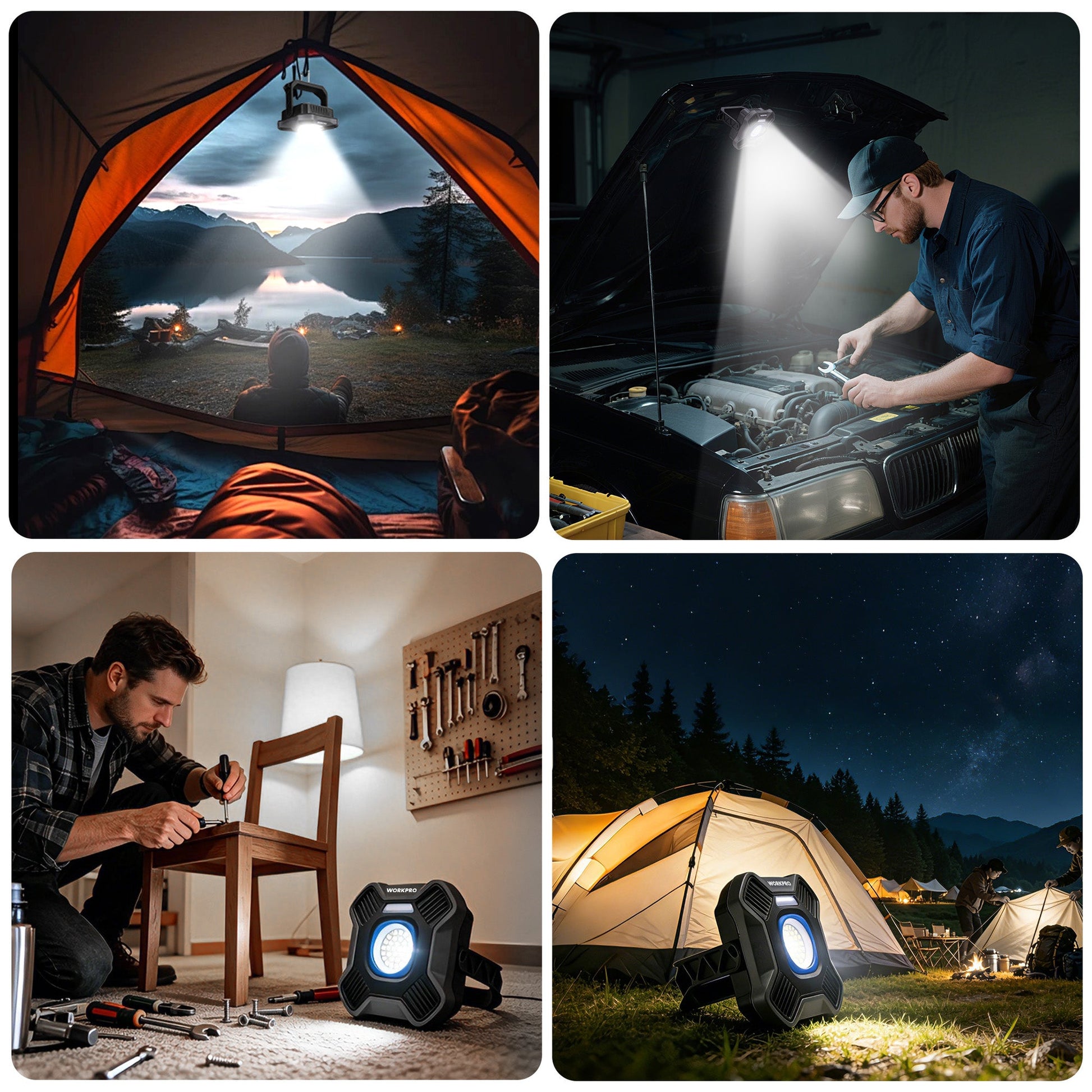 WORKPRO portable LED work light shining beam, dark gray casing with circular lens