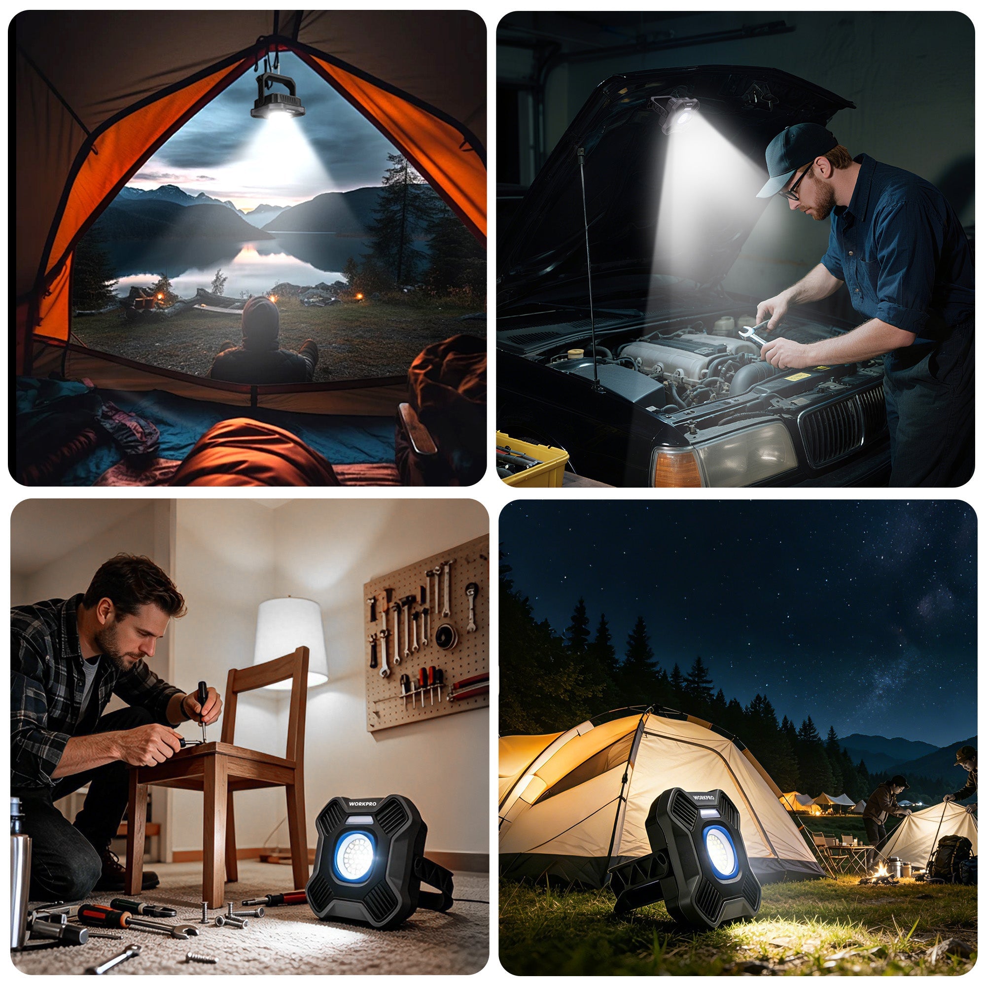 WORKPRO portable LED work light shining beam, dark gray casing with circular lens
