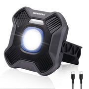 WORKPRO rechargeable LED work light with circular glowing lens, dark gray casing