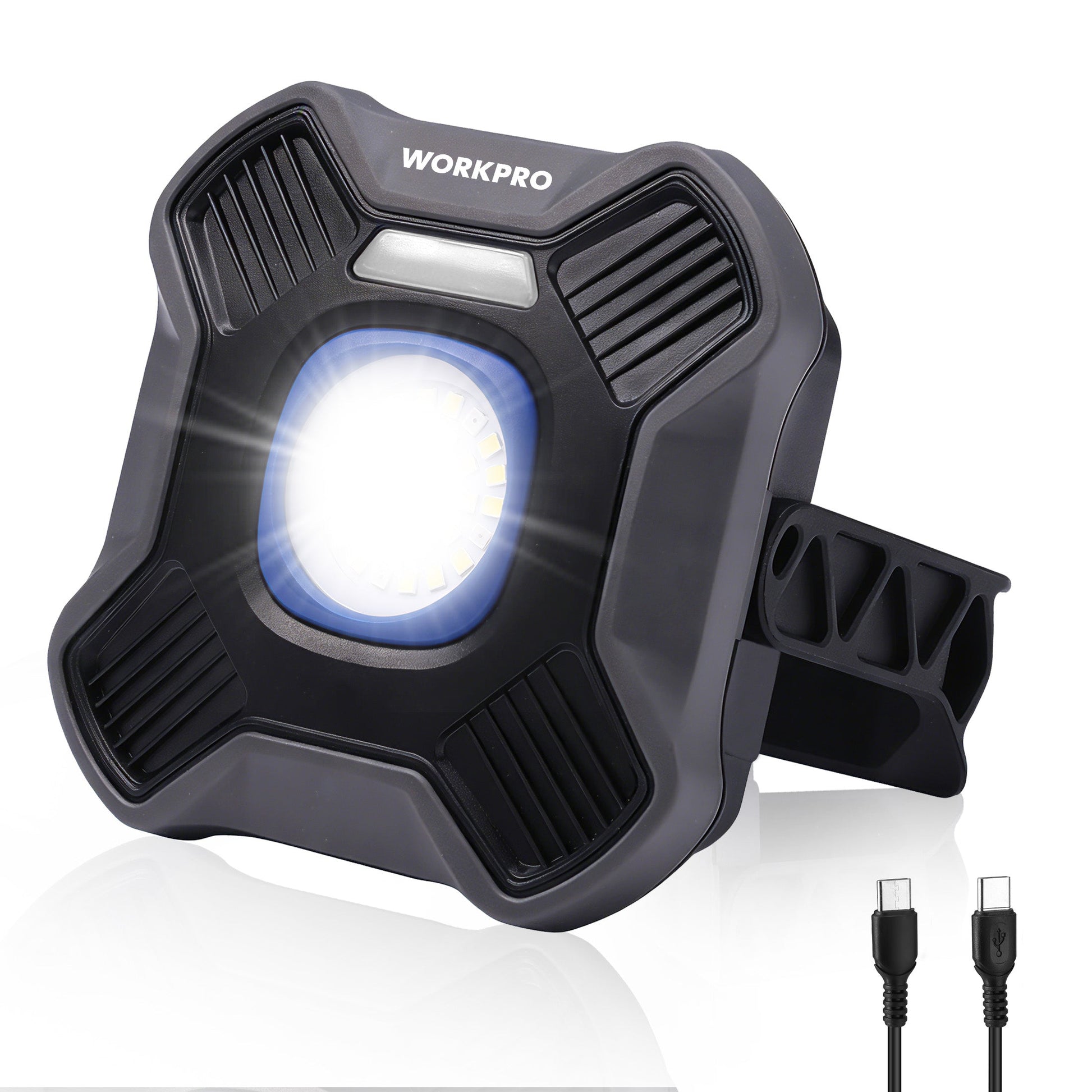 WORKPRO rechargeable LED work light with circular glowing lens, dark gray casing