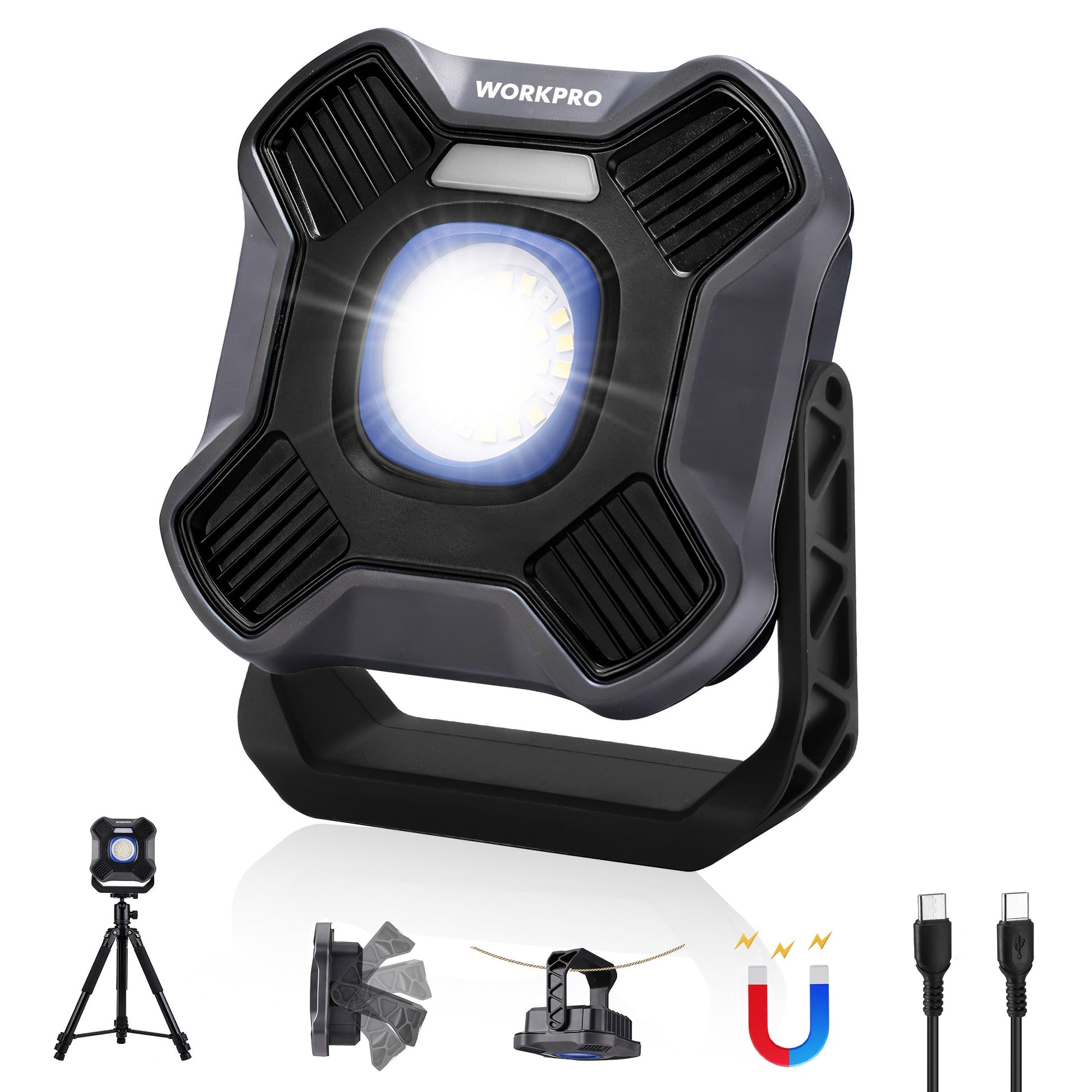 WORKPRO LED work light with mounting accessories, dark gray casing and glowing head