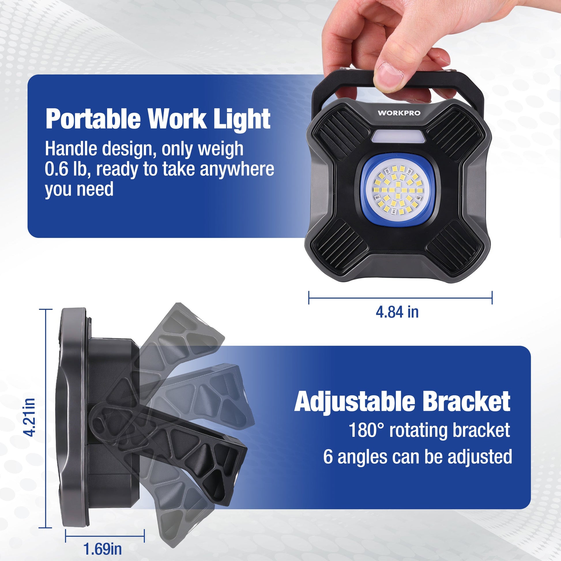 Portable WORKPRO LED work light with adjustable rotating bracket, dark gray body