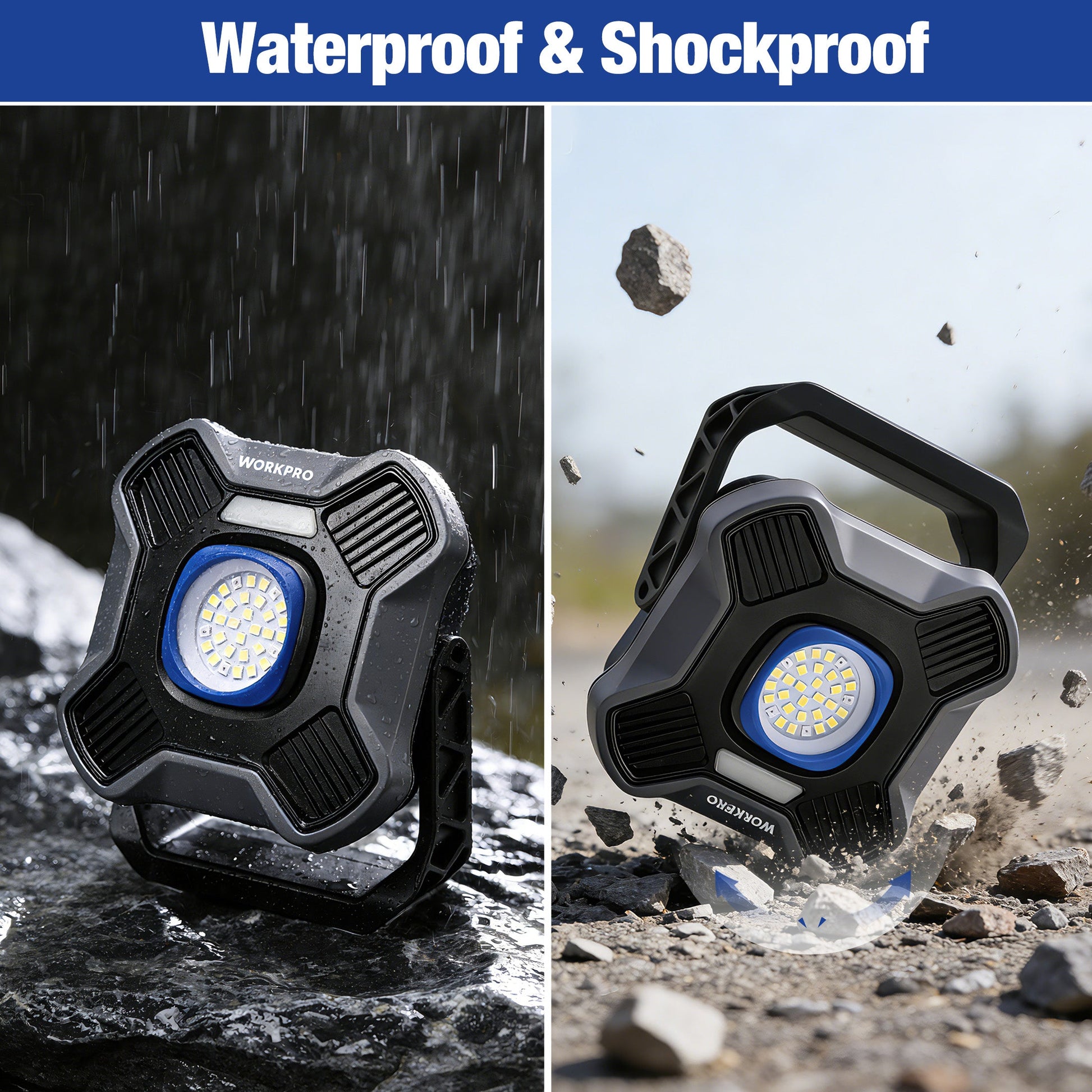 WORKPRO LED work light with rugged dark gray casing and side handle, bright lens