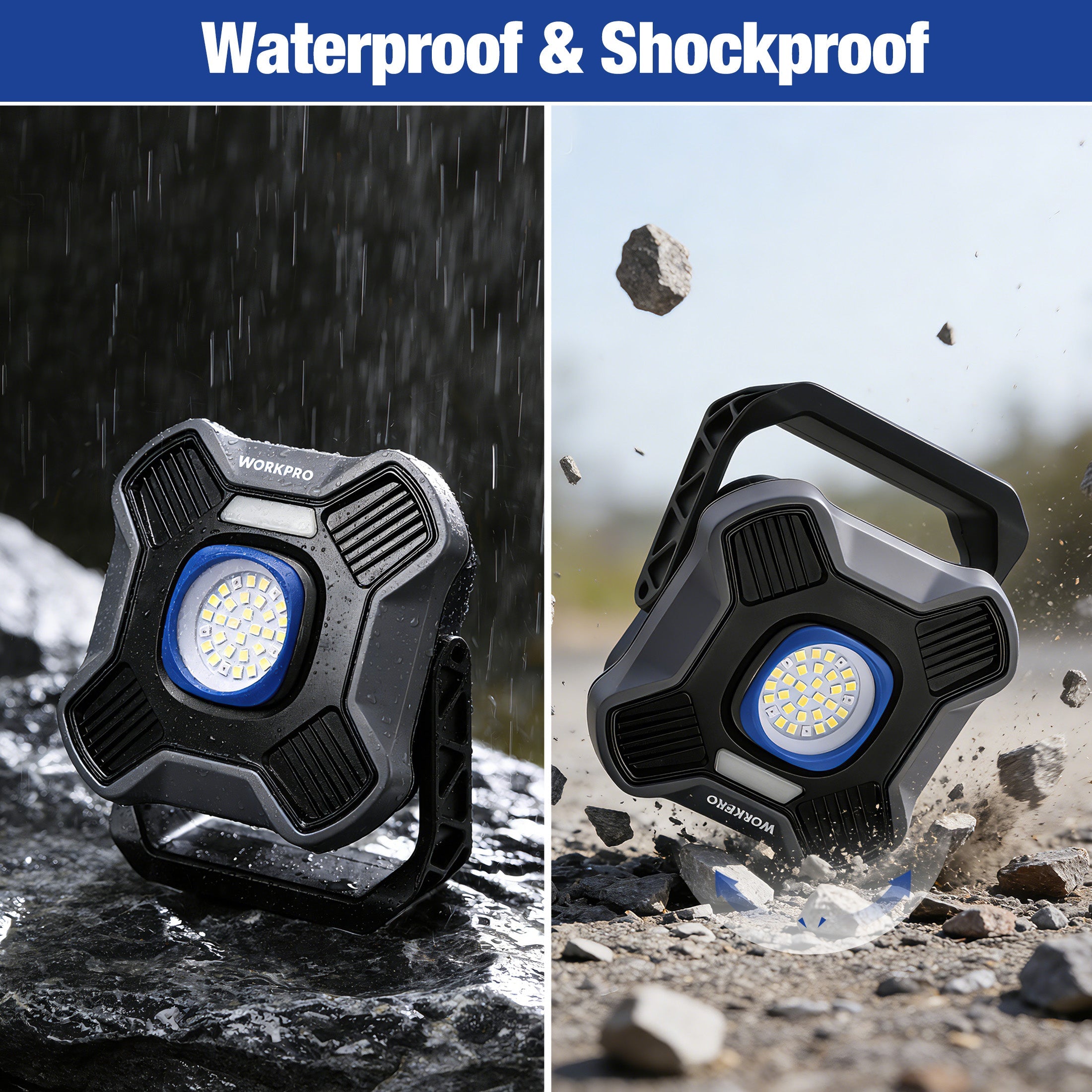 WORKPRO LED work light with rugged dark gray casing and side handle, bright lens