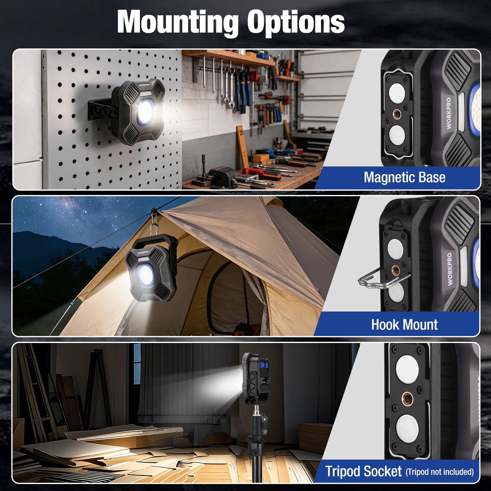 WORKPRO work light with mounting options: magnetic base, hook mount, and tripod socket