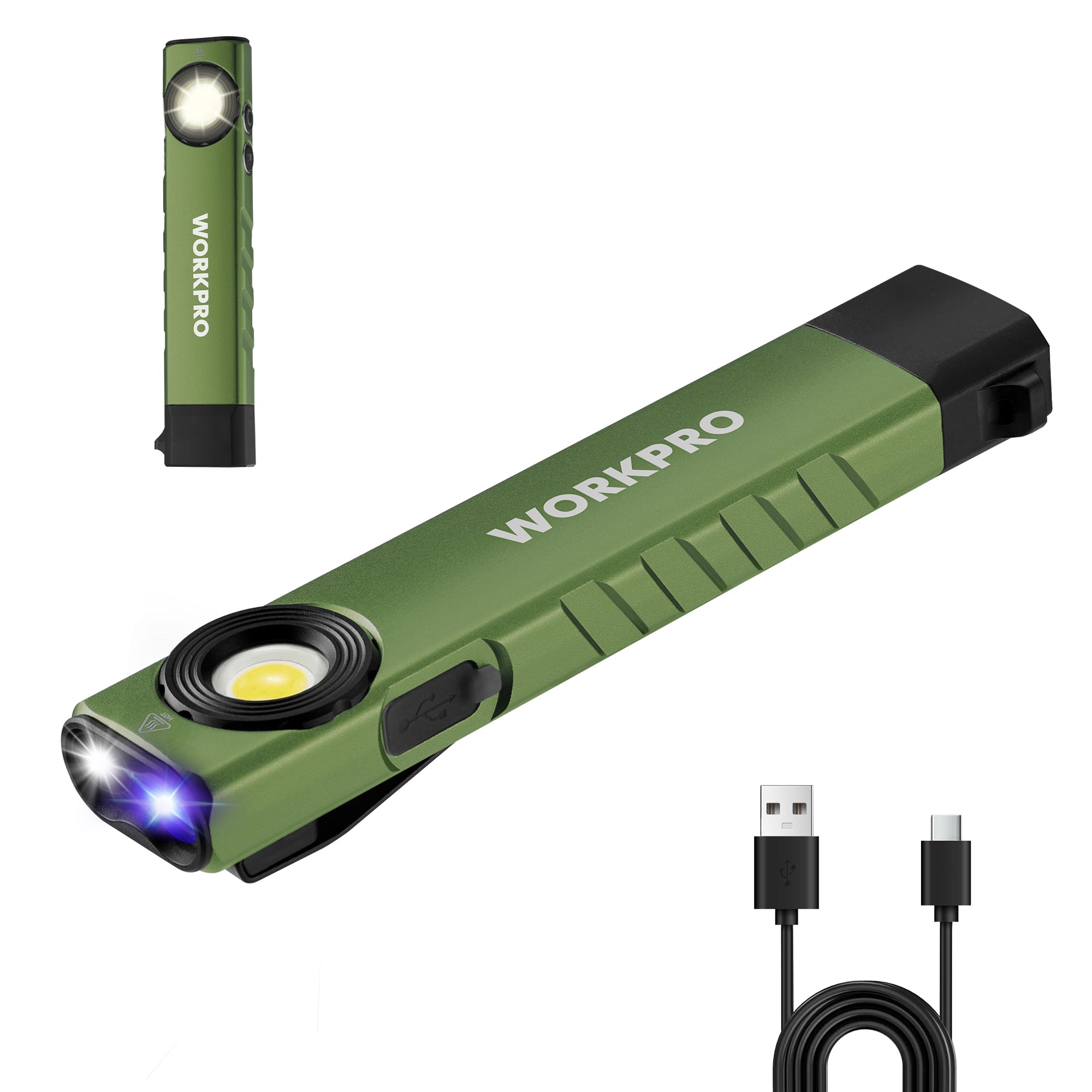 WORKPRO Rechargeable Flashlight in green with innovation quality, durable aluminum body and secure USB-C recharge