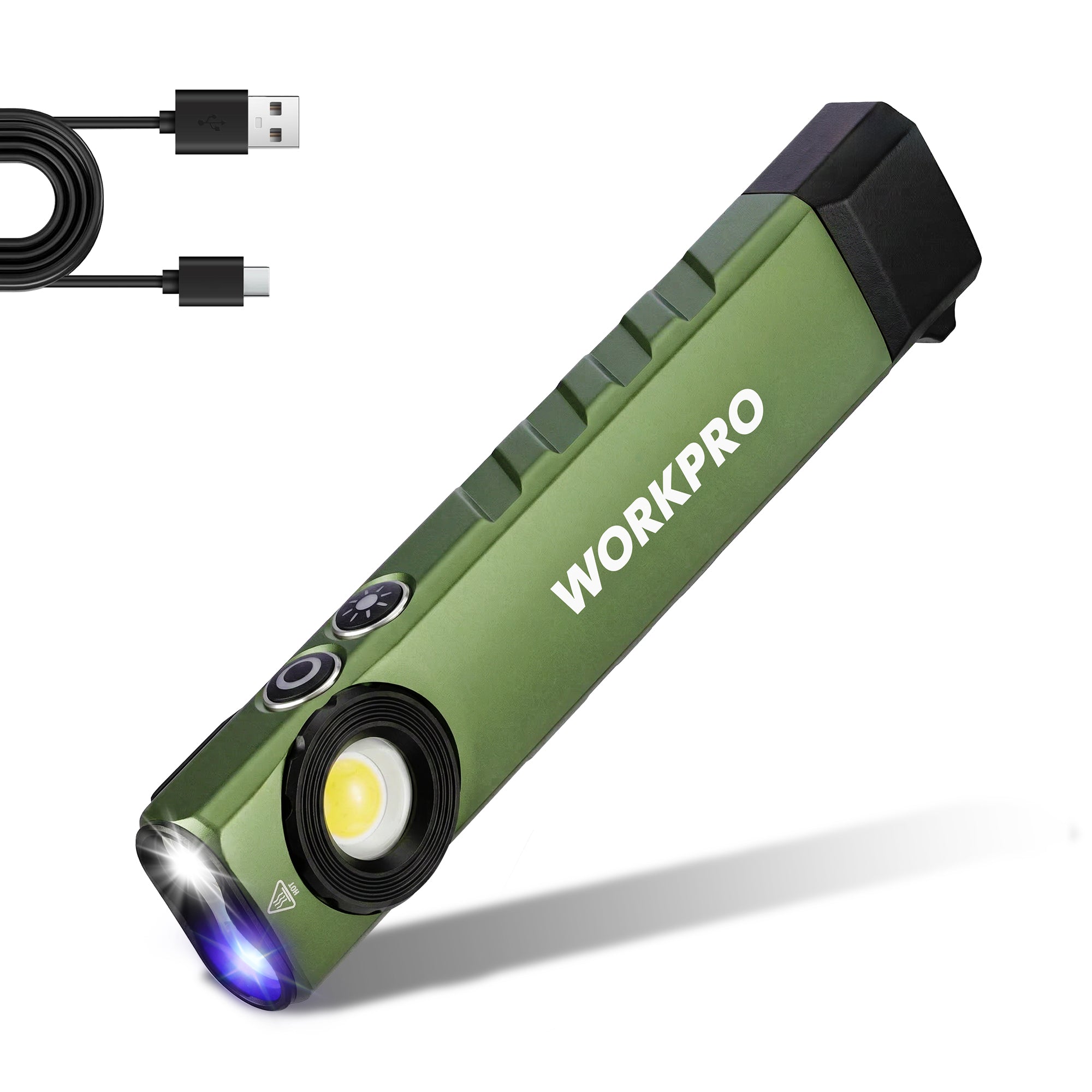 WORKPRO Rechargeable Flashlight green aluminum body with magnetic base, innovation quality high-quality secure durable convenient