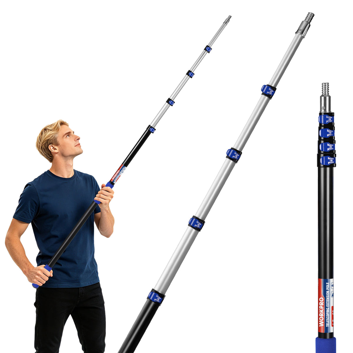 WORKPRO 20FT Pole, 5-20FT for Painting, Cleaning and Tree Trimming | Sturdy Aluminum, Flip-Lock, 3/4" Thread, Reach 2nd-Story Windows, High Ceilings and Tree Branches, Portable