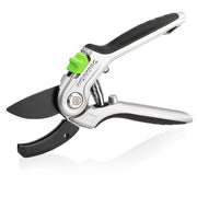 Workpro garden anvil pruning shears in silver and black with a green one-hand safety lock and curved blades