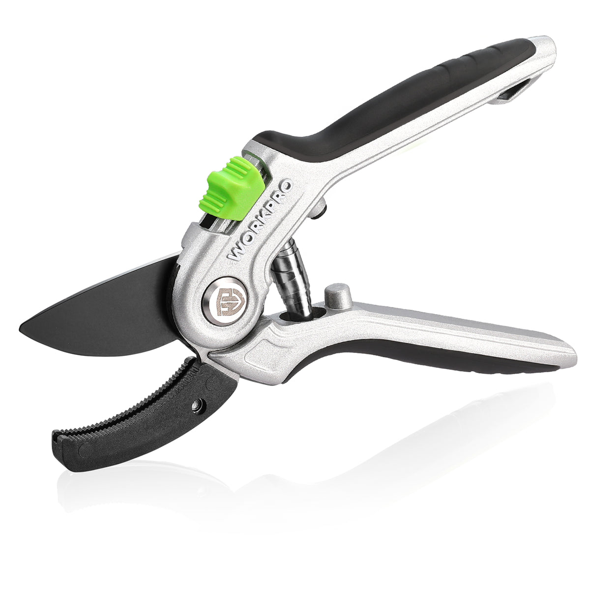 Workpro garden anvil pruning shears in silver and black with a green one-hand safety lock and curved blades