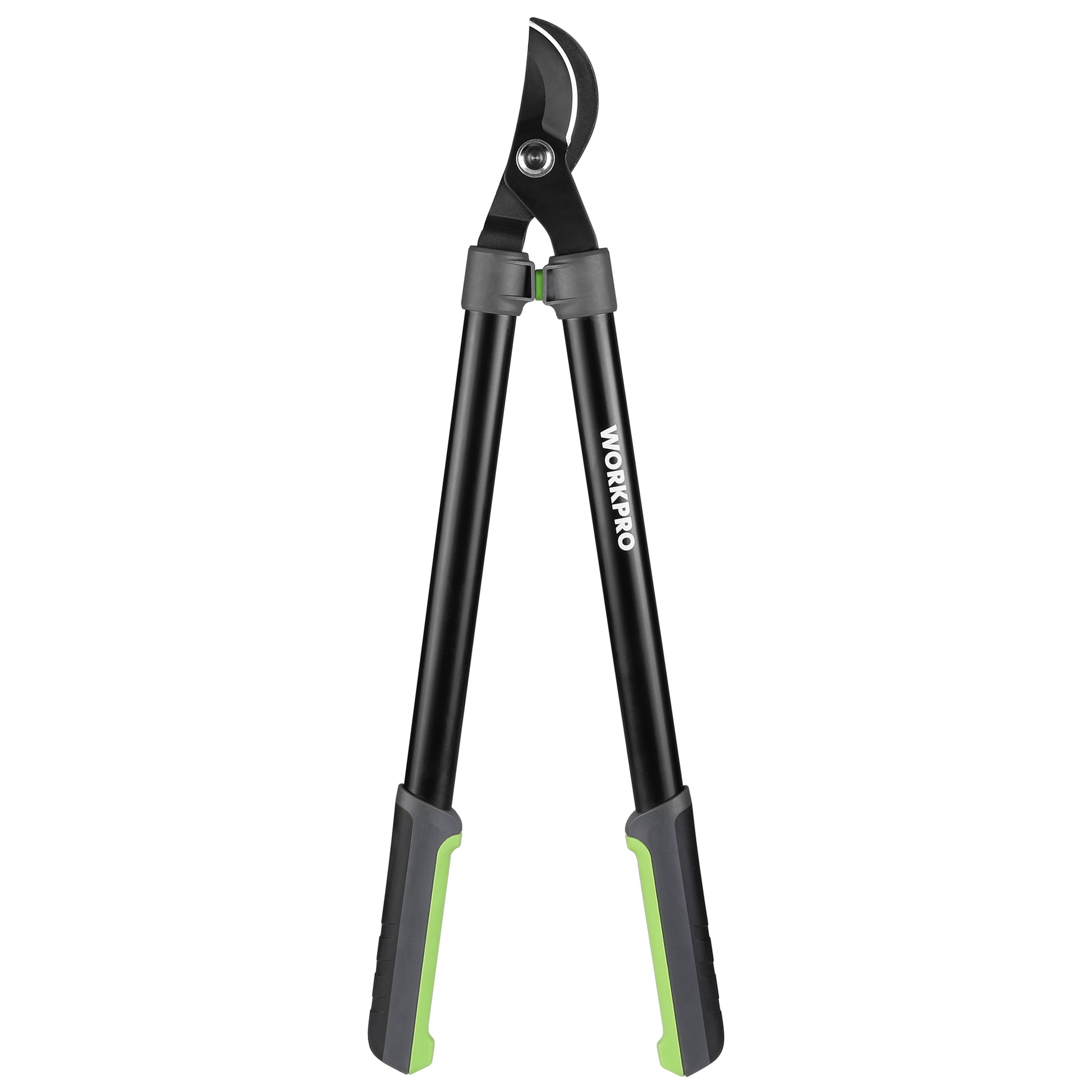 WORKPRO garden shear with long black handles, gray pivot caps, and bright green accents near the grips, shown on a plain white background.