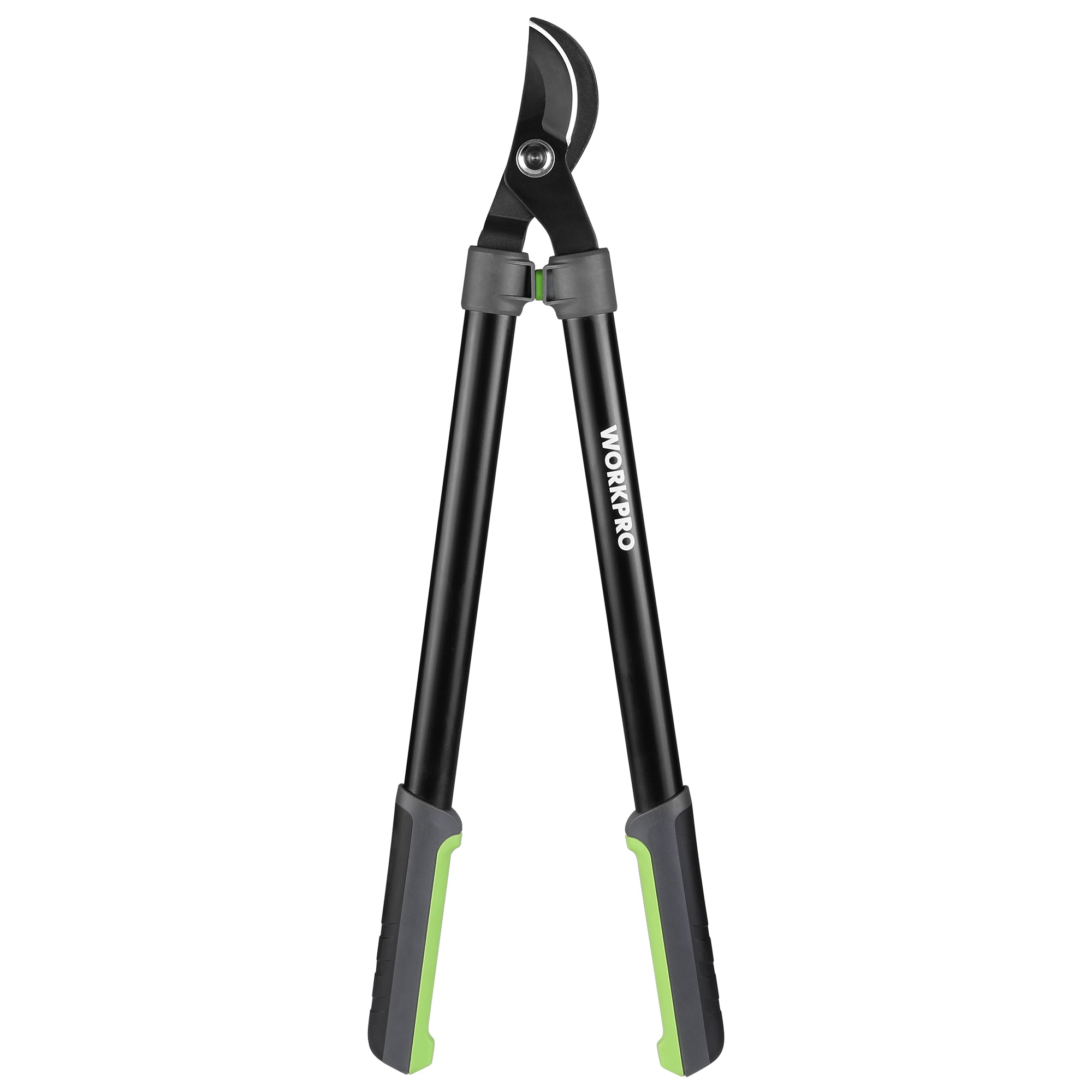 WORKPRO garden shear with long black handles, gray pivot caps, and bright green accents near the grips, shown on a plain white background.