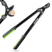 Gardening shears with black and green handles on a white background