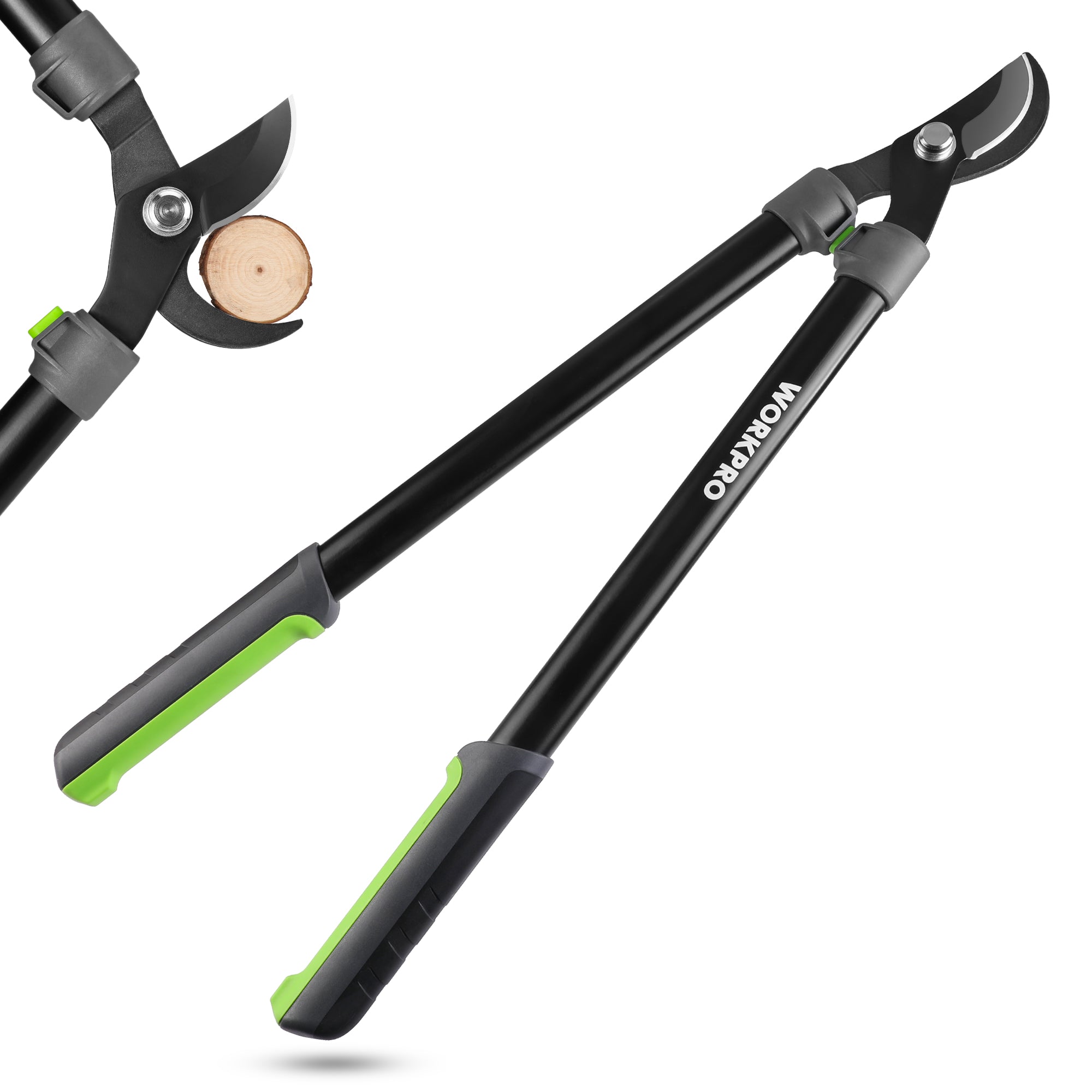 Gardening shears with black and green handles on a white background