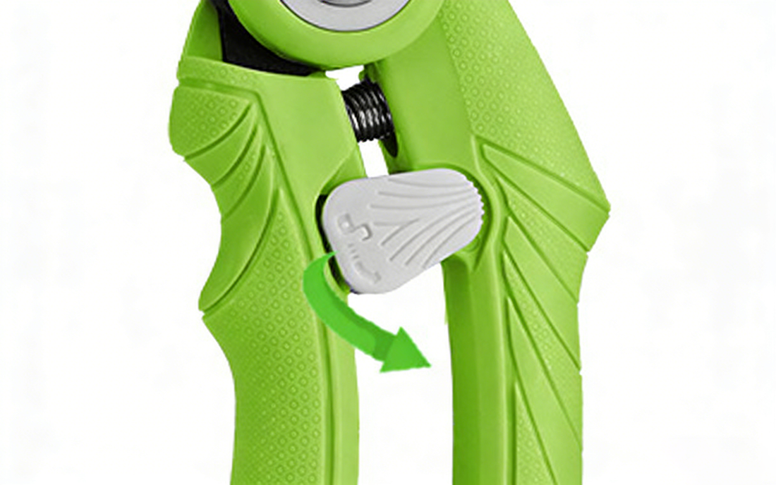 Green plastic device with innovation and quality features, showing a secure locking mechanism and durable grip