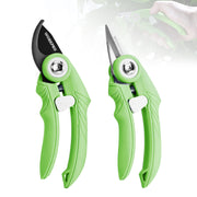 Pair of green pruning shears with bypass and straight blades