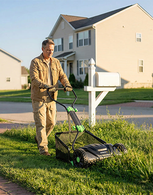 Man using a lawn mower on green grass in front of houses, with innovation and quality in view