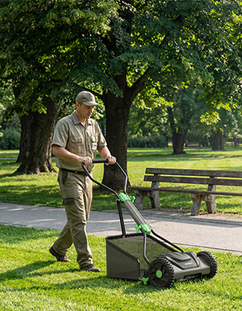 Gardener using a lawn mower in a green park, with innovation and quality in the yard setting