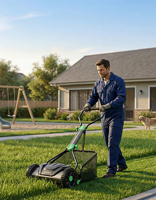 Man mowing a lawn with a green and black electric mower, innovation and quality in outdoor yard care