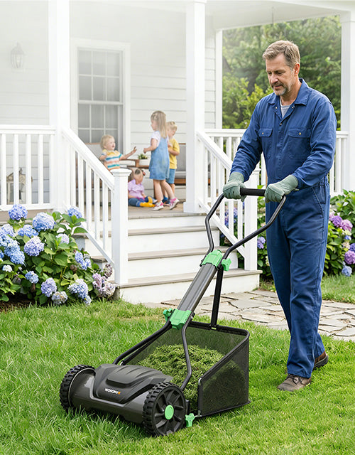 Man pushing a lawn mower on a green yard near white porch steps, with innovation and quality implied