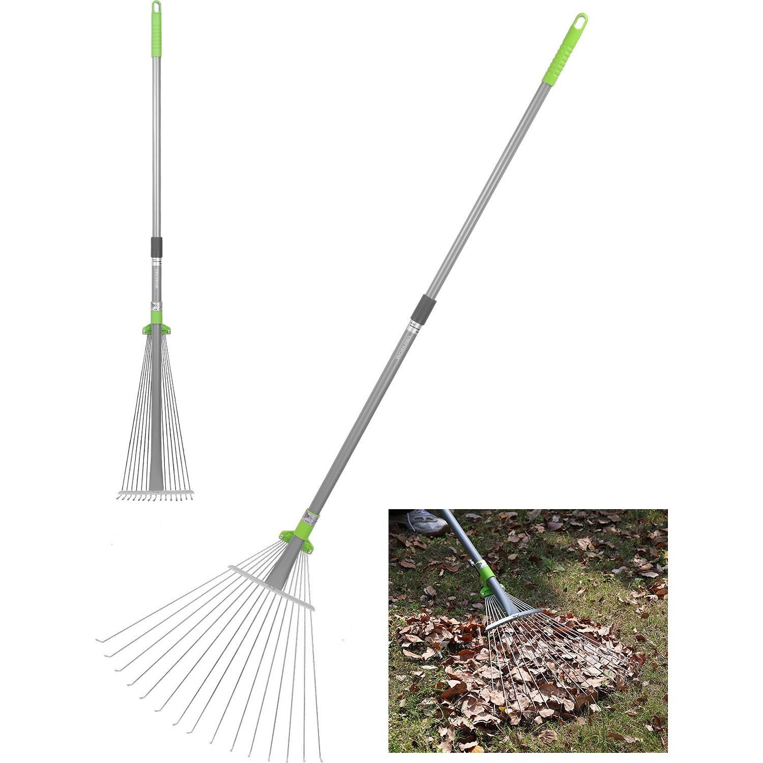 WORKPRO Adjustable Garden Leaf Rake with collapsible metal head, green and silver, durable and convenient quality