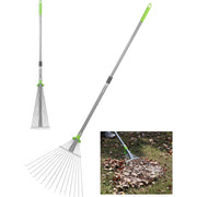 WORKPRO Adjustable Garden Leaf Rake with collapsible metal head, green and silver, durable and convenient quality