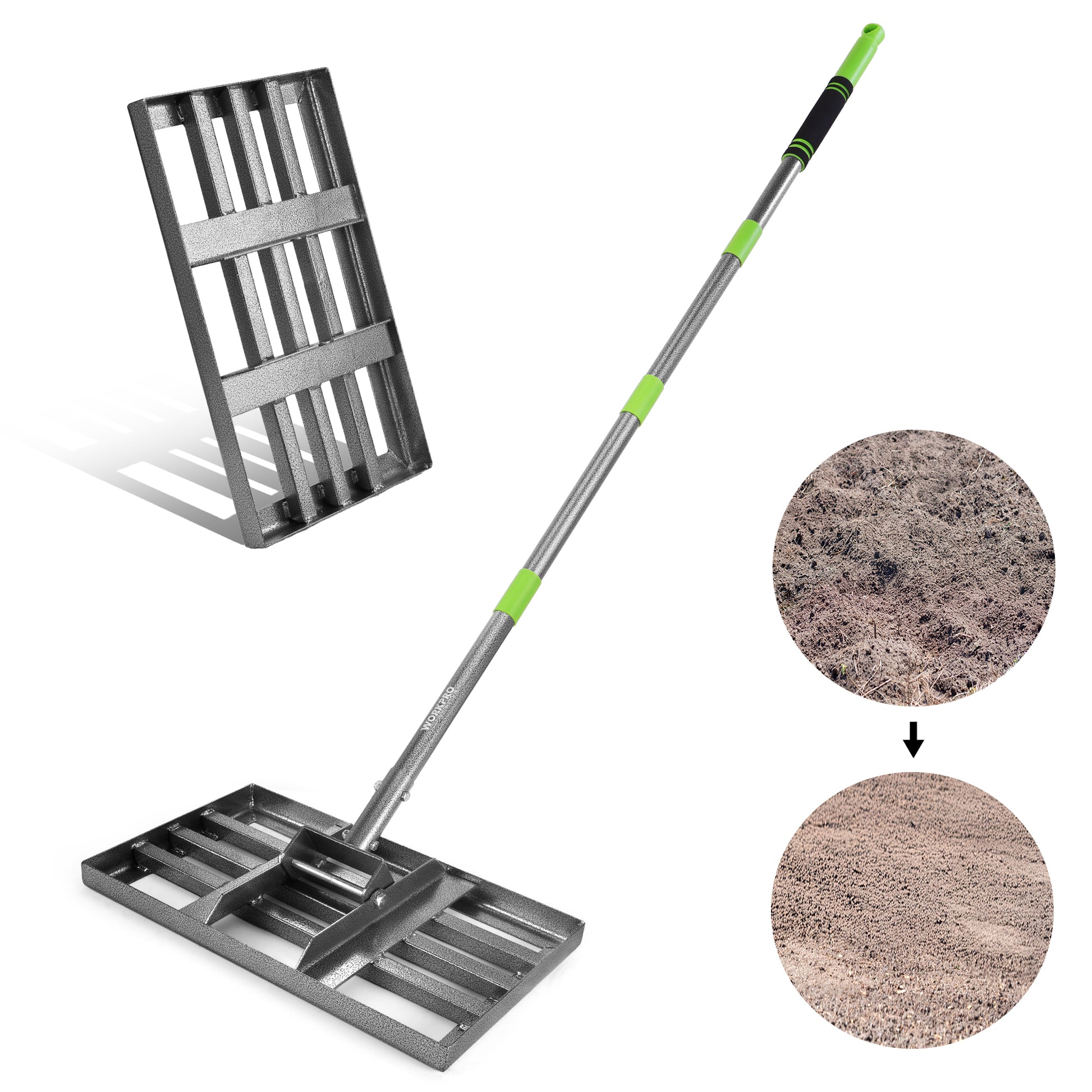 WORKPRO Lawn Leveling Rake with 17 inch x 10 inch ground plate, stainless steel, innovation quality durable