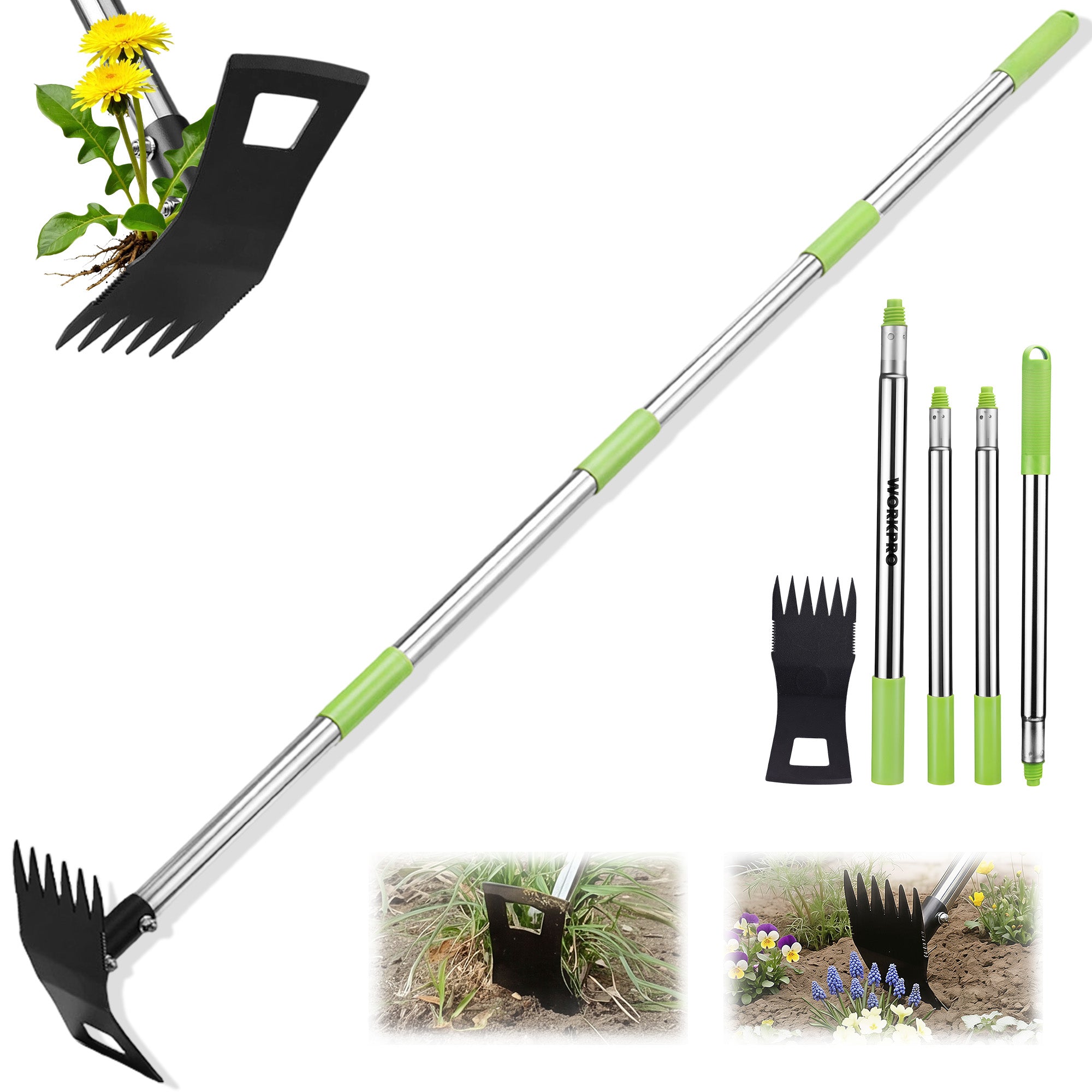 WORKPRO Weed Puller Tool with Long Handle 2-in-1 garden hoe and weed rake, innovation quality and durable secure use