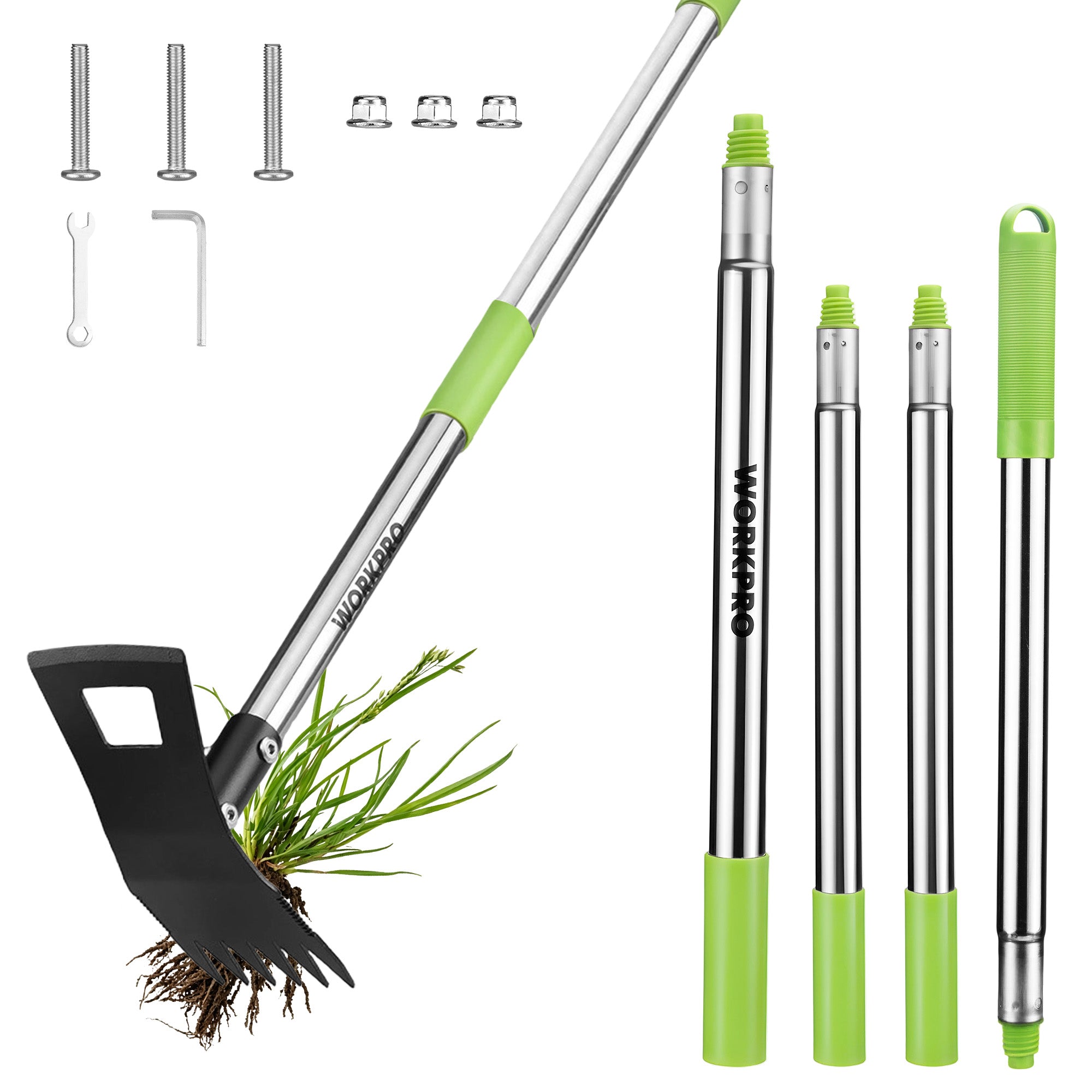 WORKPRO Weed Puller Tool with Long Handle, 2-in-1 hoe and weed rake, innovation quality stainless steel tines