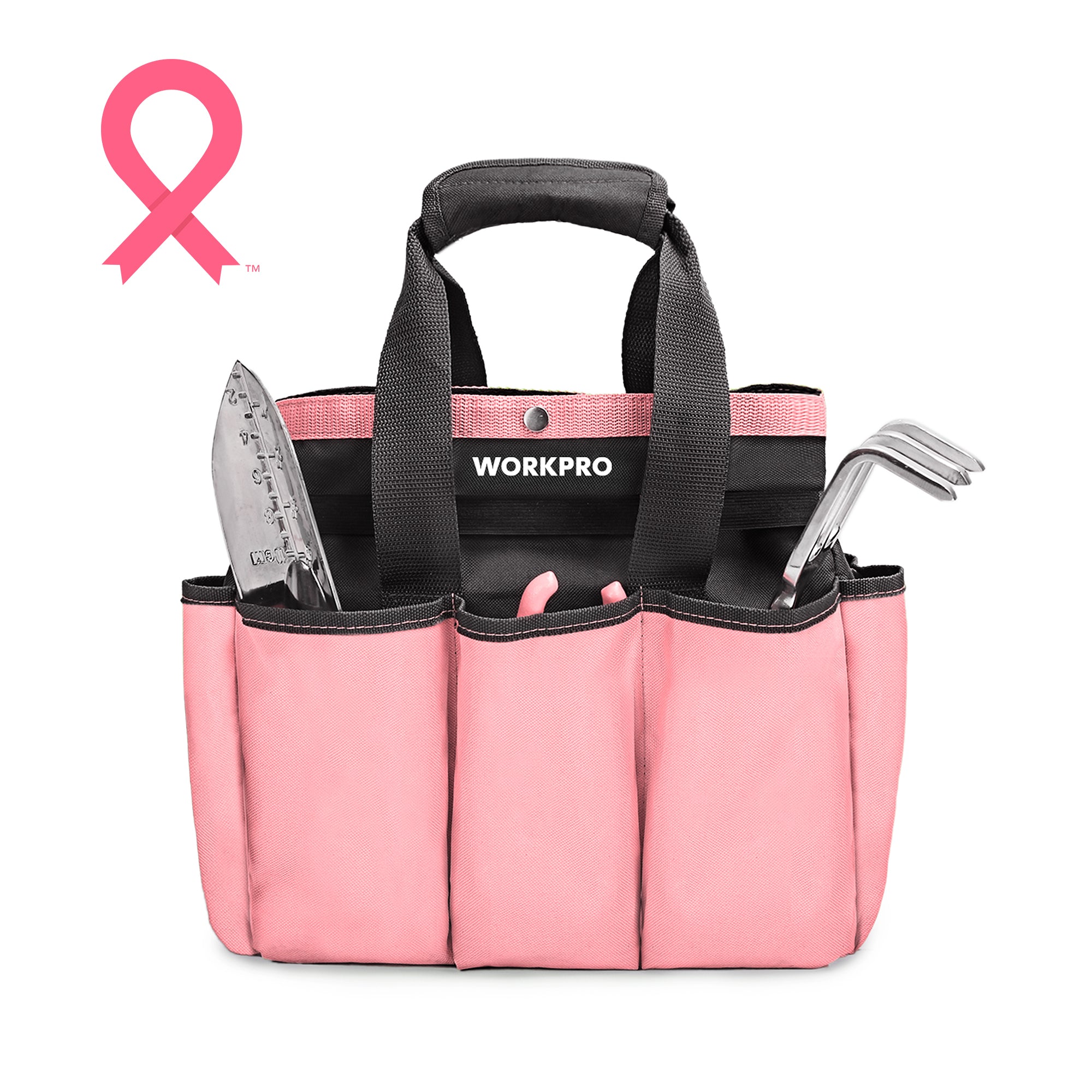 WORKPRO Garden Tool Bag in pink and black with 8 exterior pockets, secure, durable innovation and quality