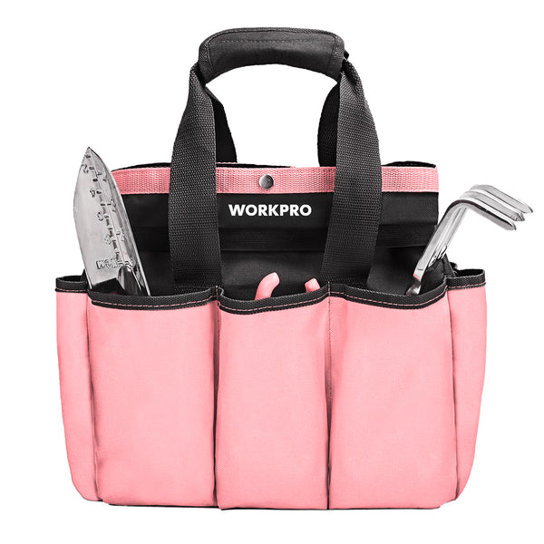 WORKPRO Garden Tool Bag, Garden Tote Storage Bag with 8 Pockets, Home Organizer for Indoor and Outdoor Gardening - Pink Ribbon