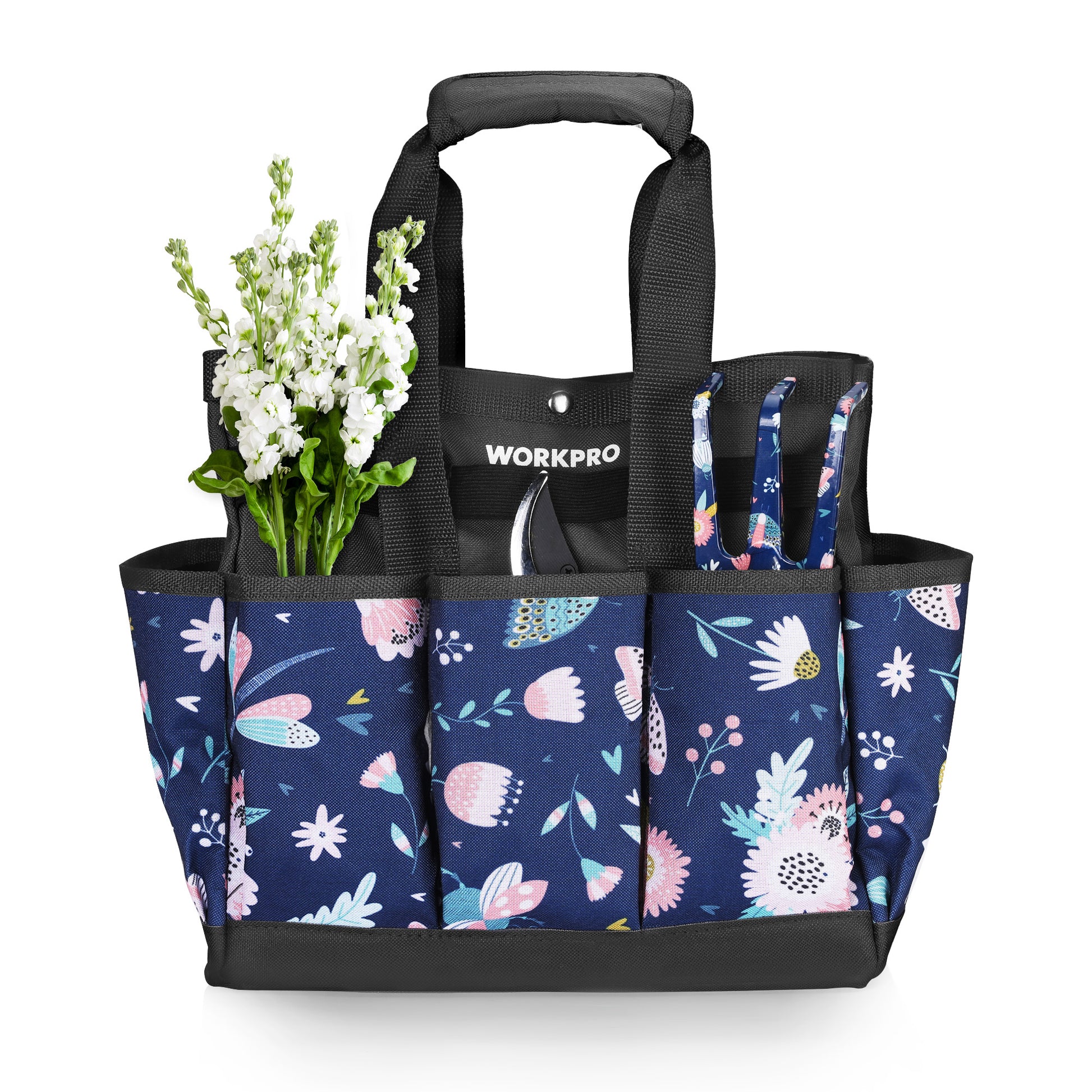 WORKPRO 12 inch x 12 inch x 6 inch garden tool bag in blue insects print with durable quality and secure storage