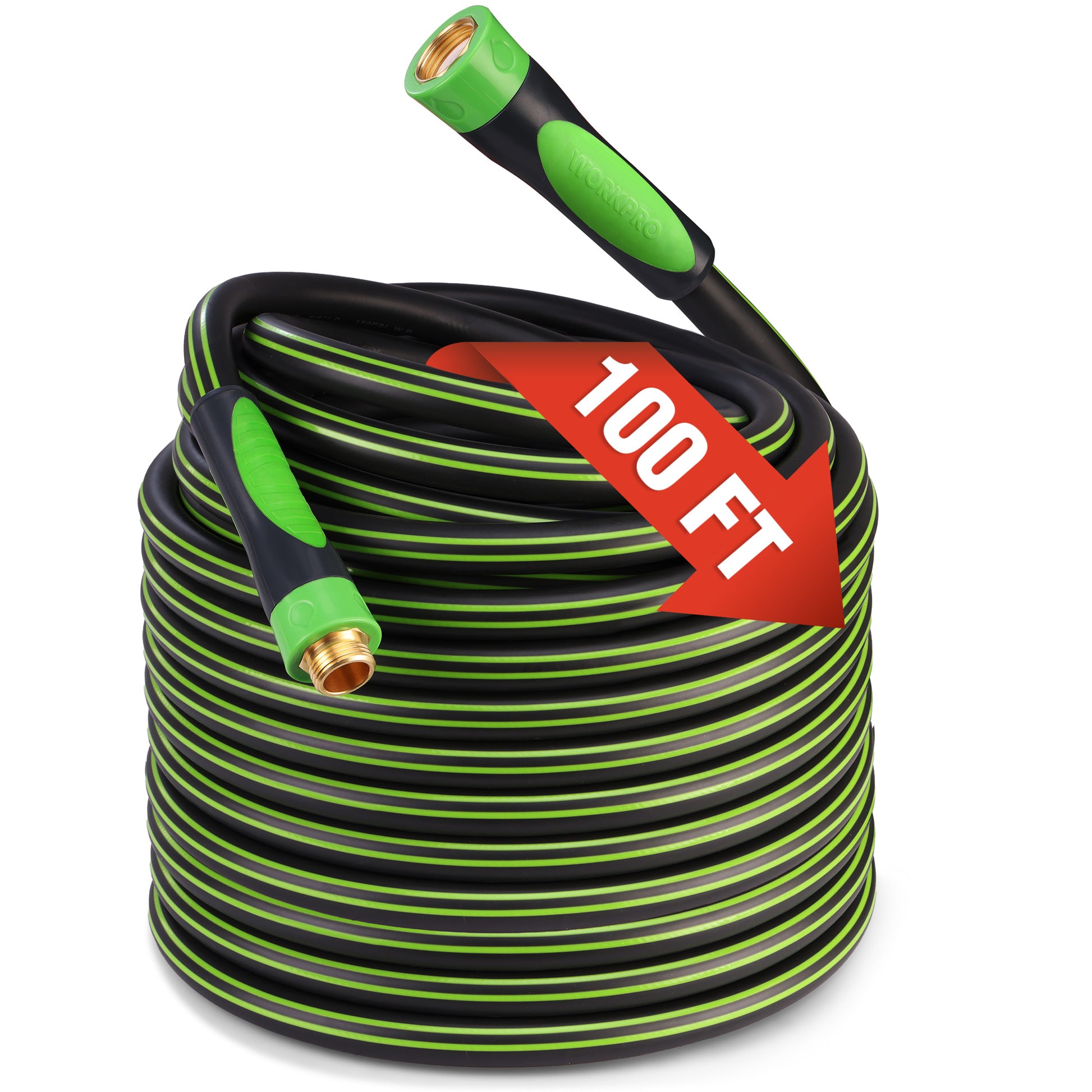 WORKPRO Hybrid Garden Hose 58 inch x 100ft in black and green with kink resistant design, durable quality