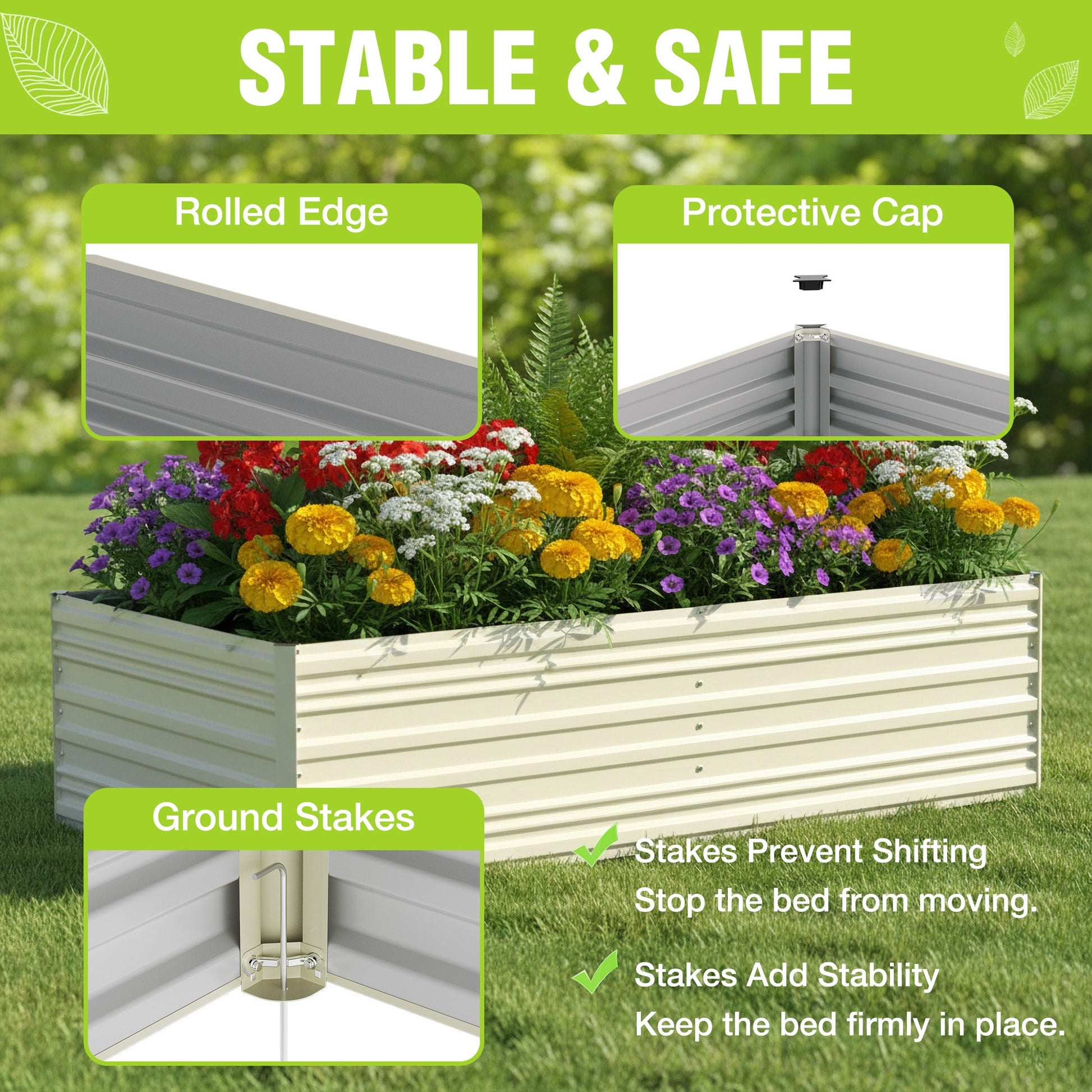 White raised garden bed with rolled edge and protective corner cap