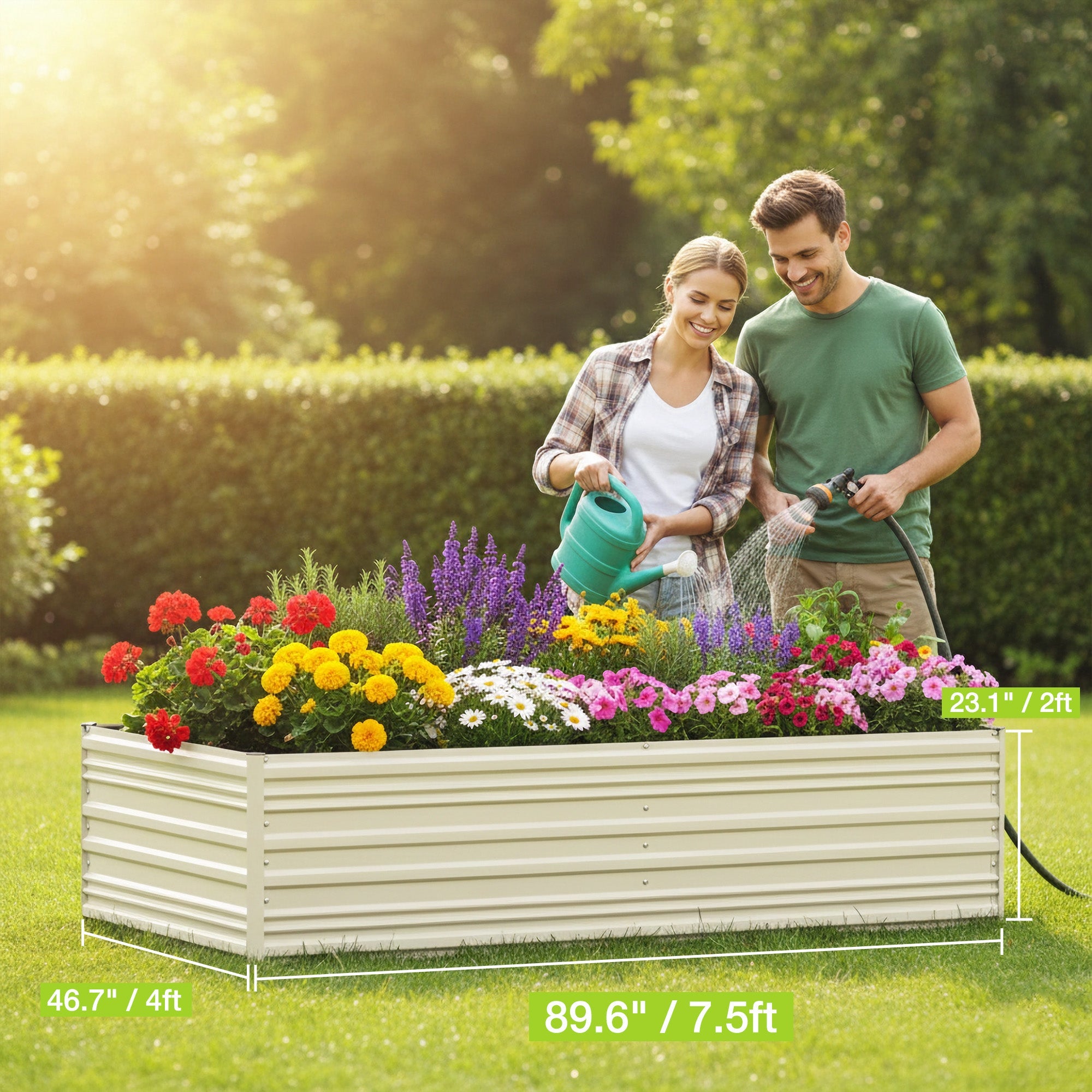 White raised garden bed with colorful flower plants and watering hose