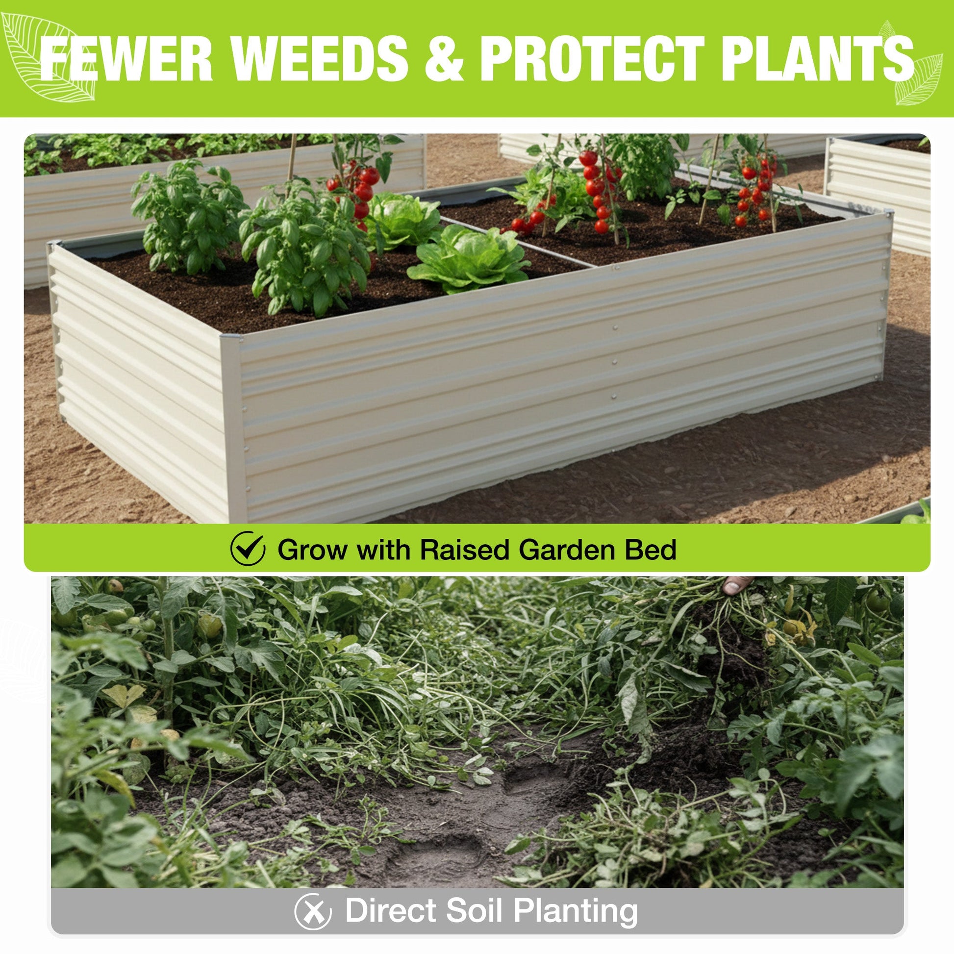 White raised garden bed with herbs and plants in soil