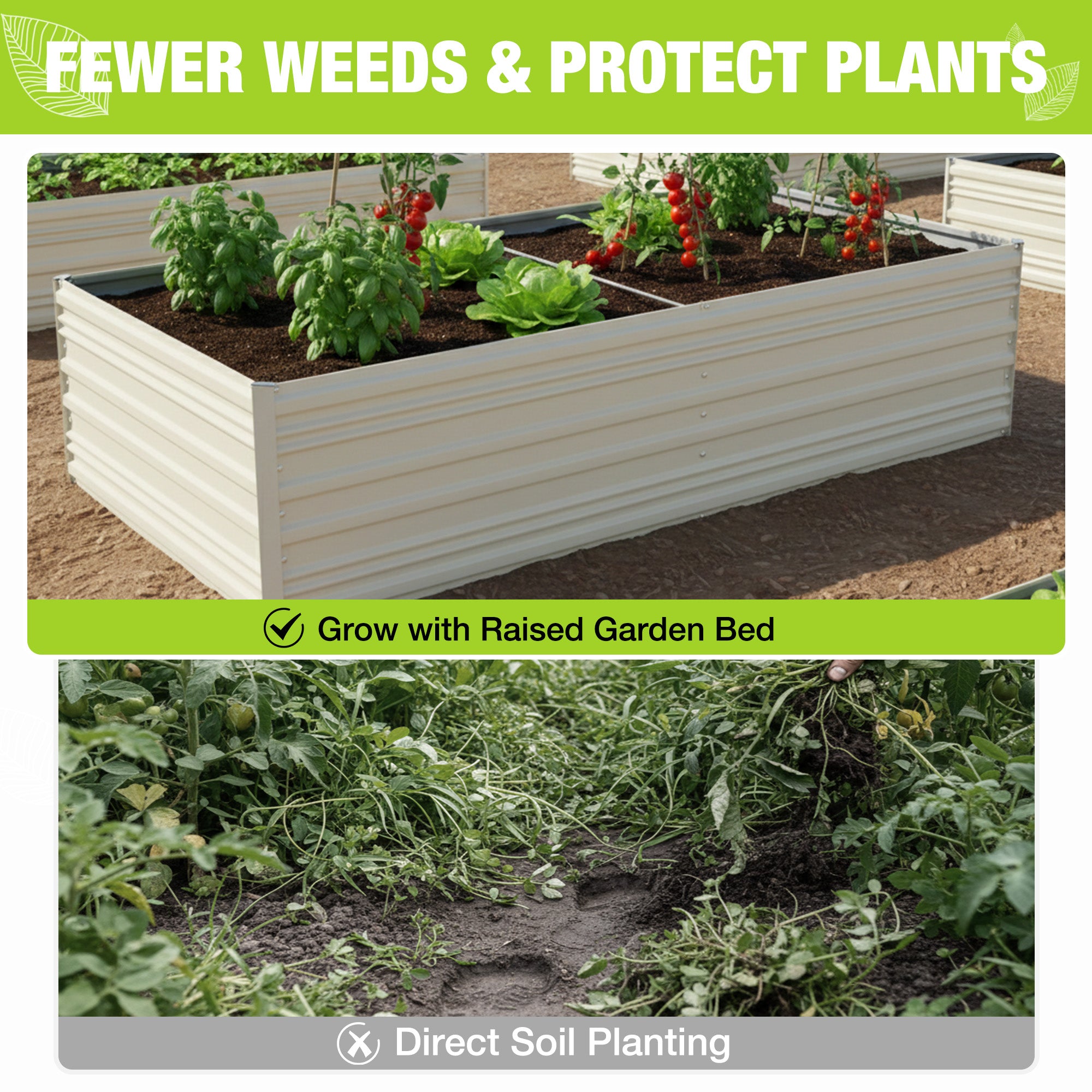 White raised garden bed with herbs and plants in soil