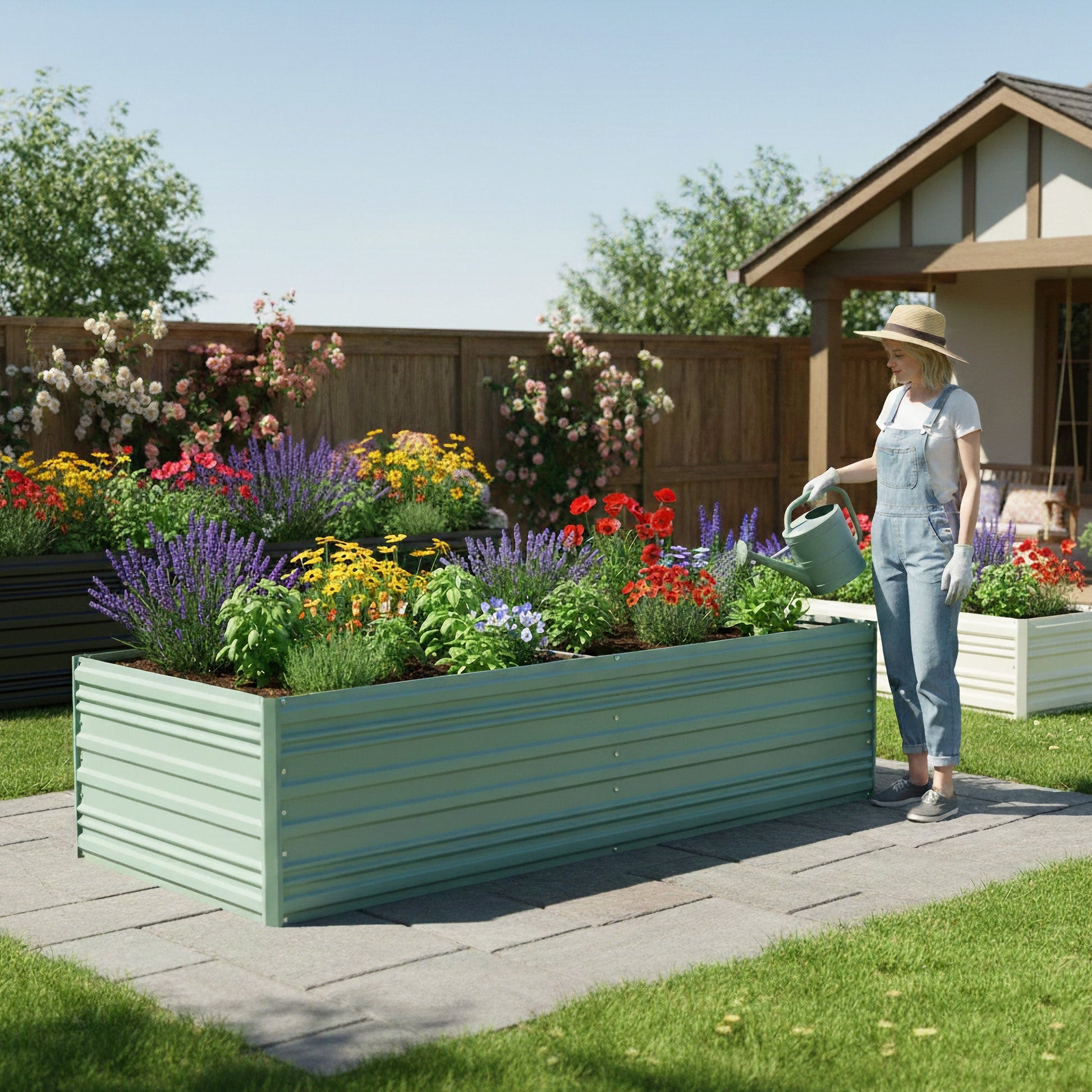 Green galvanized metal raised garden bed outdoors with potted garden plants