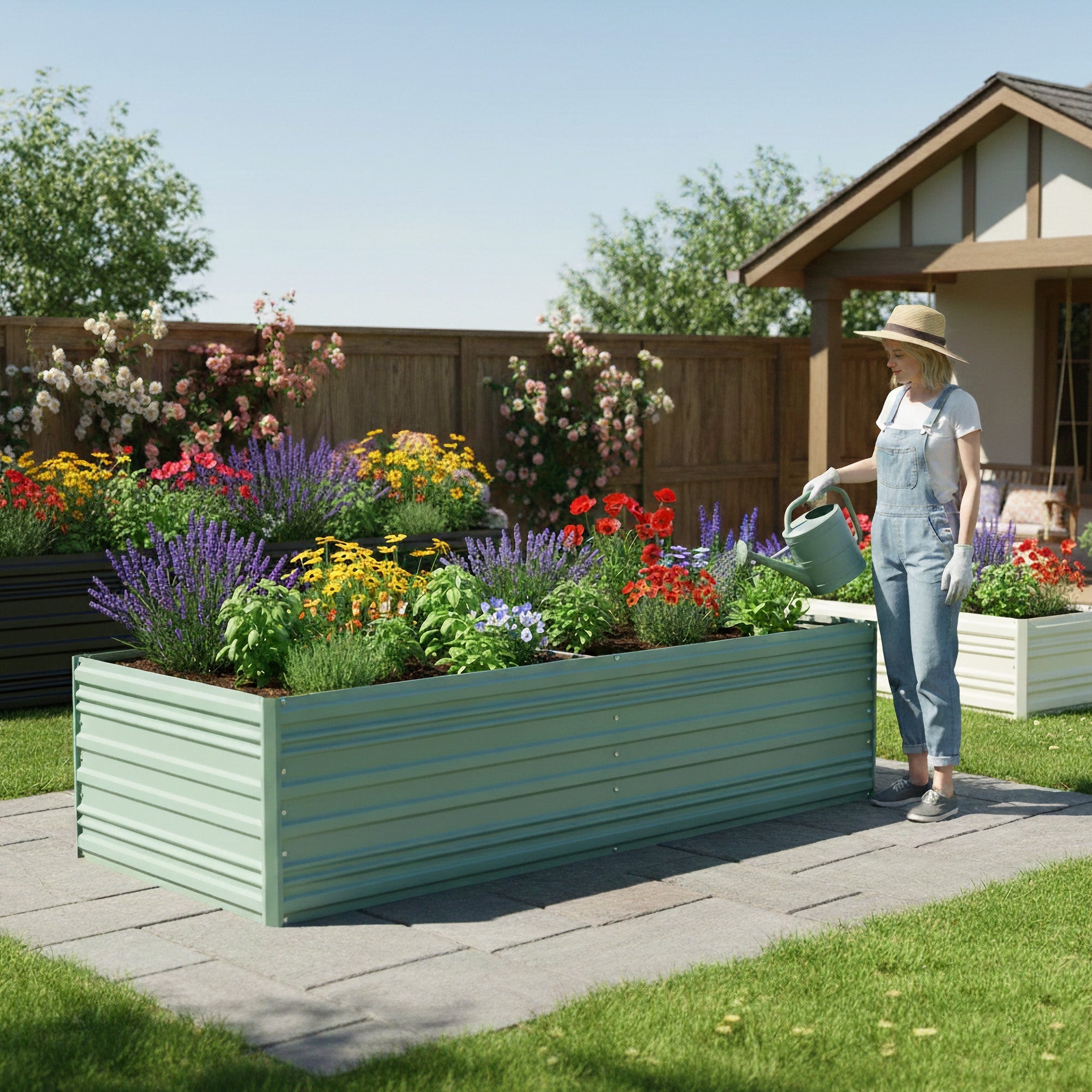 Green galvanized metal raised garden bed outdoors with potted garden plants