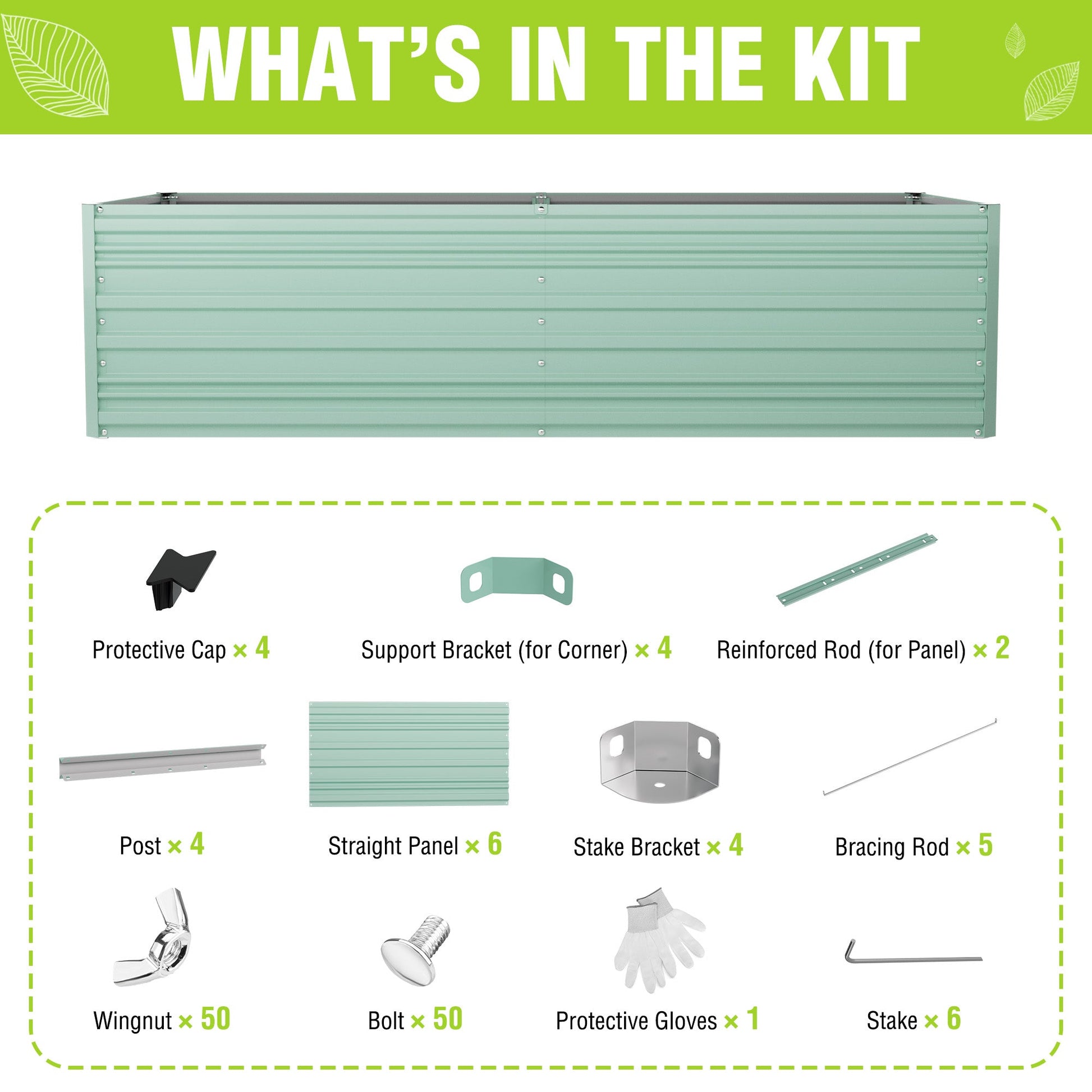 Green galvanized metal raised garden bed frame with included parts and panels