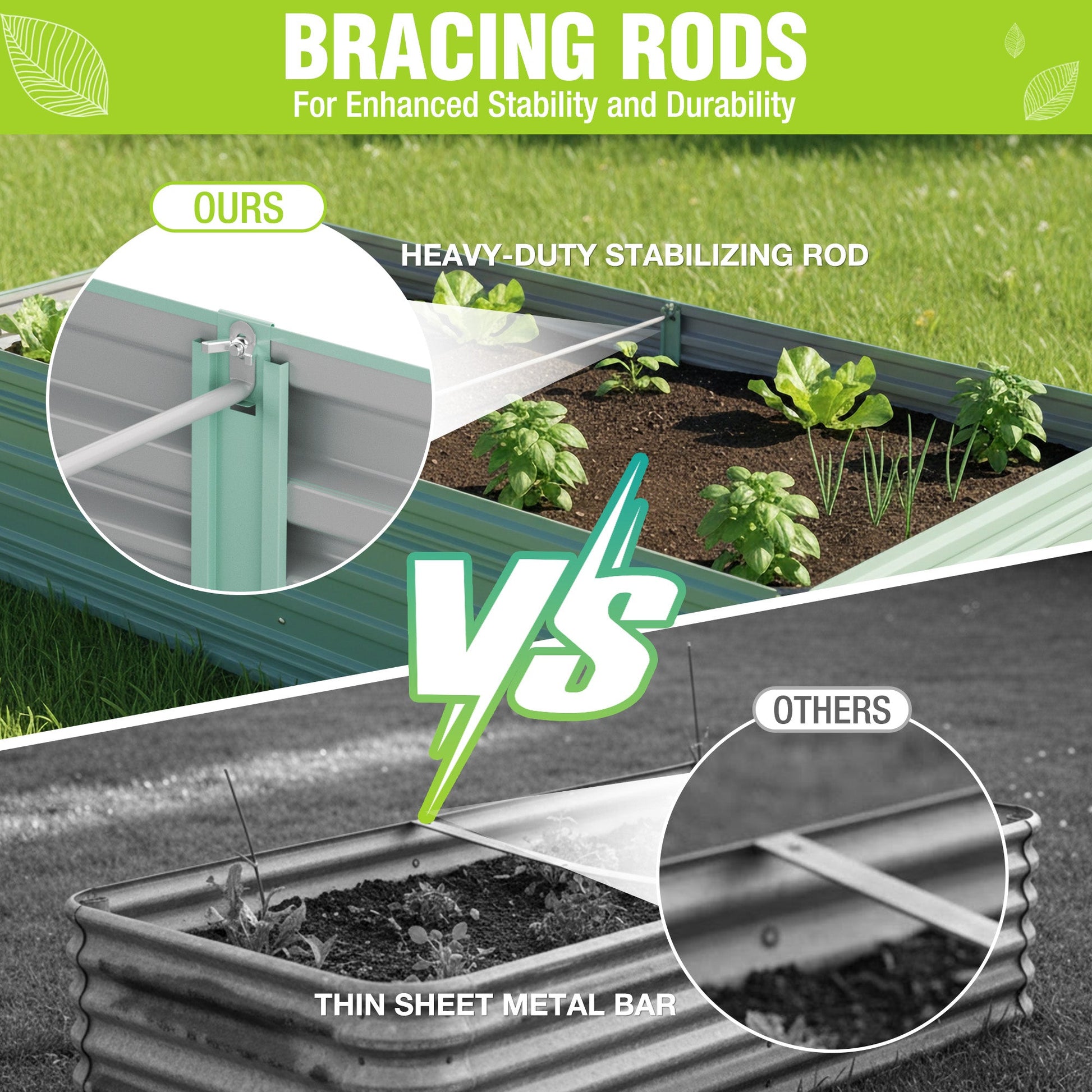 Green raised garden bed with heavy-duty stabilizing bracing rods and plants