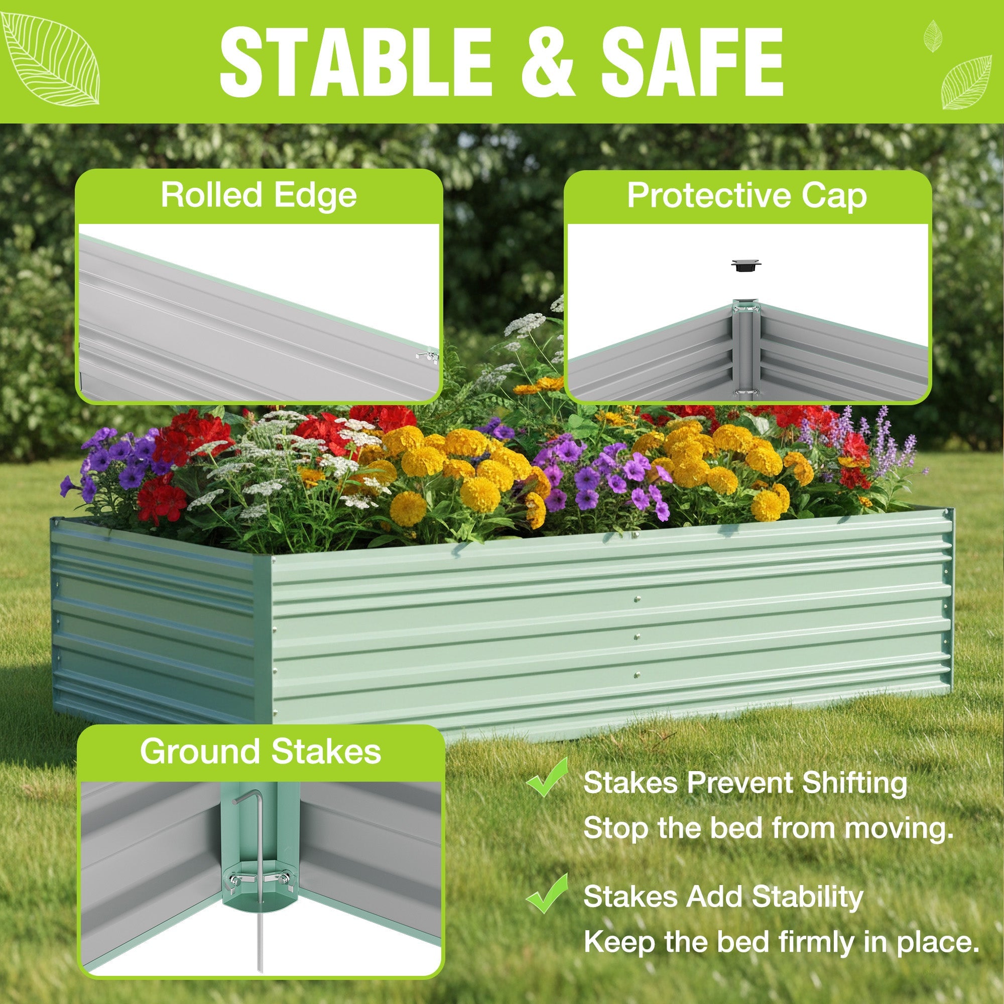 Green galvanized metal raised garden bed with flowers and rolled top edge