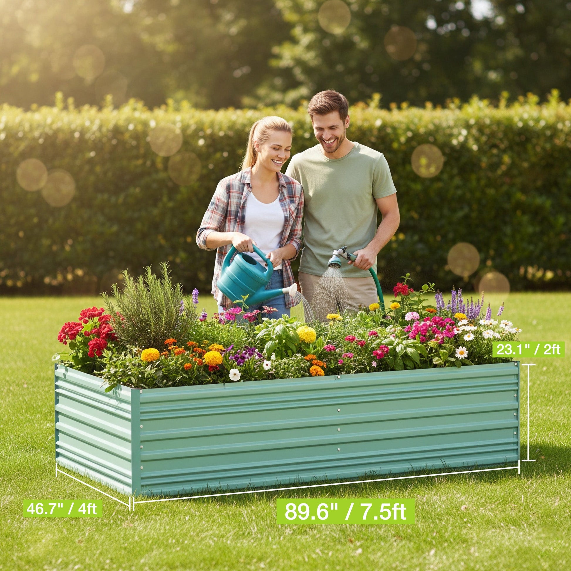 Green galvanized metal raised garden bed with colorful flowers and tall sides