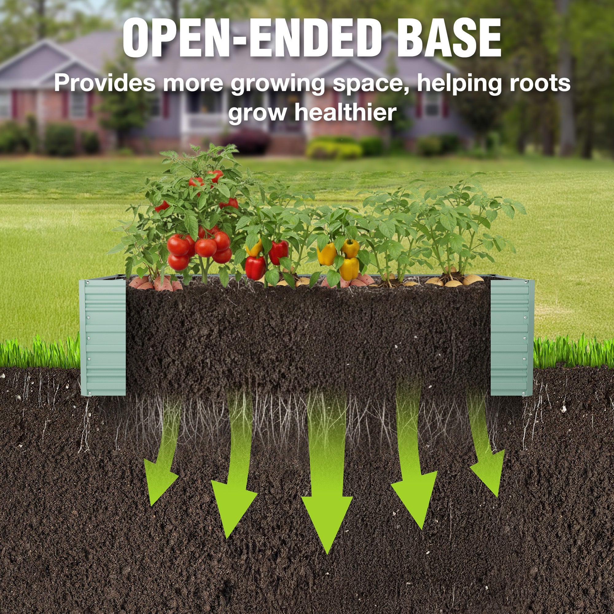 Green galvanized metal raised garden bed with open-ended base for root growth