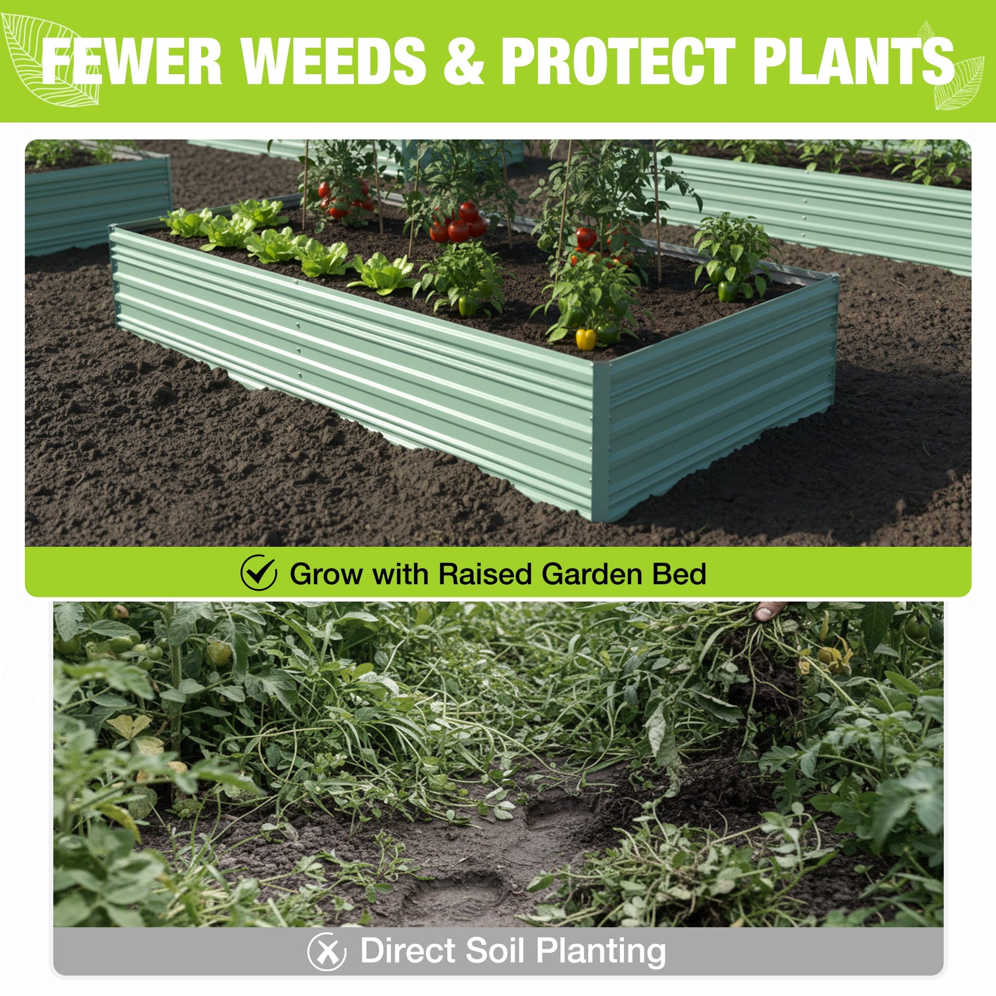 Green galvanized metal raised garden bed with soil and mixed vegetables plants