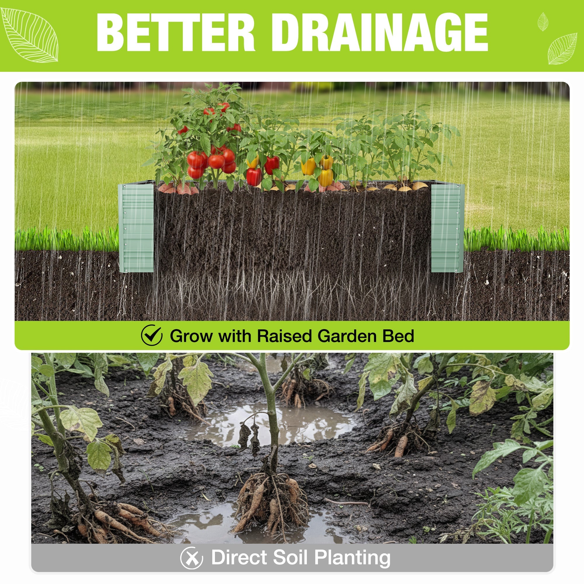Green galvanized metal raised garden bed showing improved drainage with wet soil