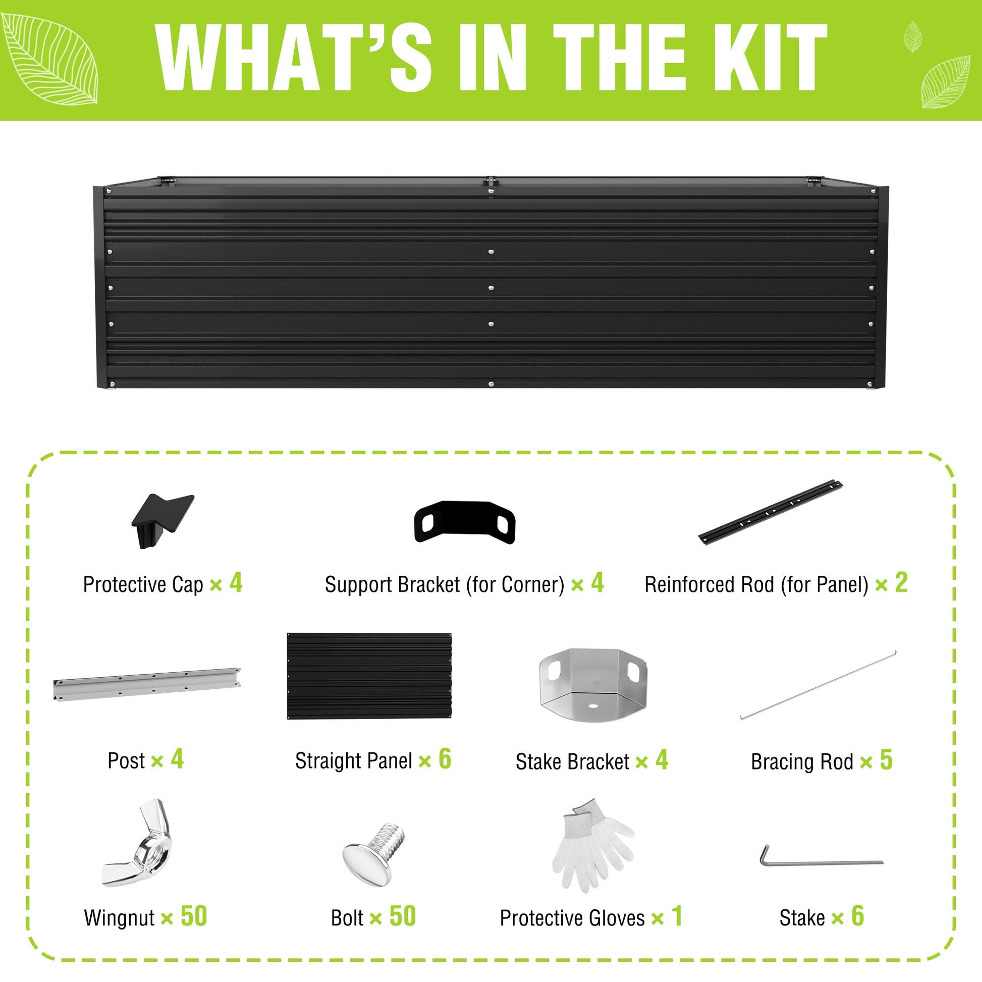 Black raised garden bed kit parts: panels, rods, brackets, stakes, caps and gloves