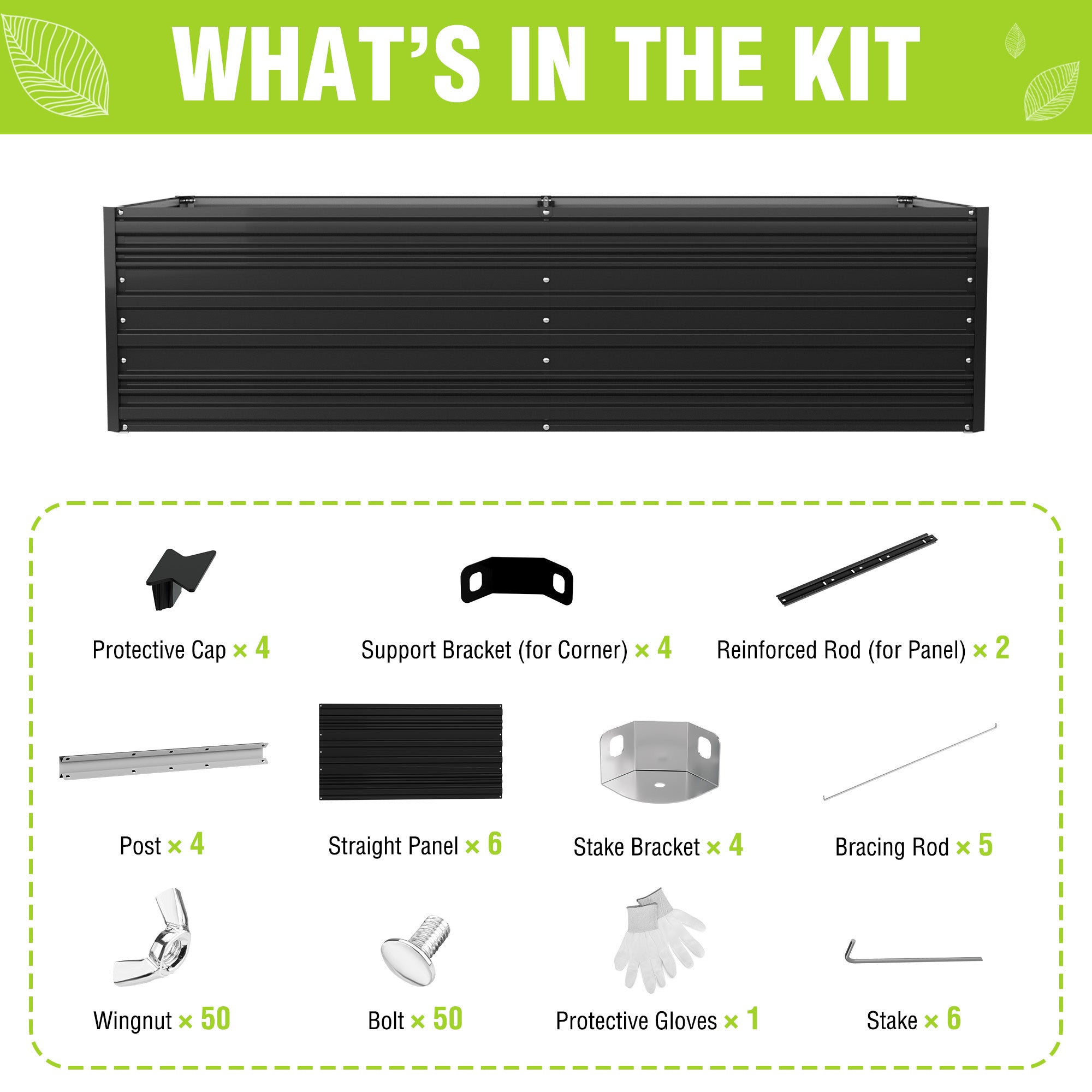 Black raised garden bed kit parts: panels, rods, brackets, stakes, caps and gloves