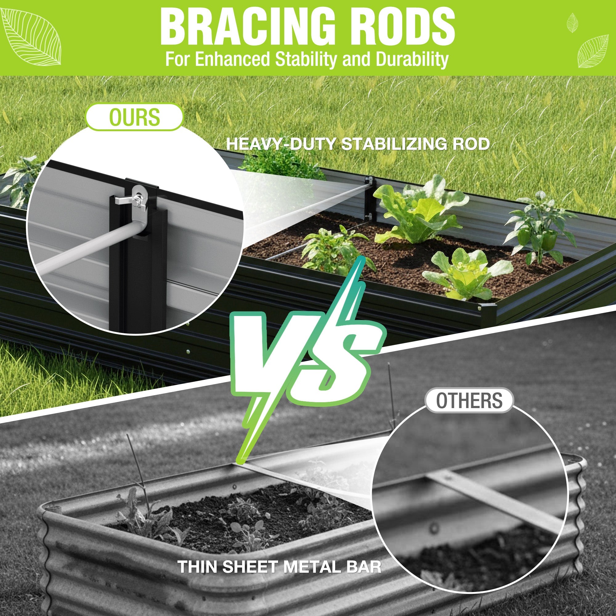 Black metal raised garden bed with internal bracing rod for enhanced stability